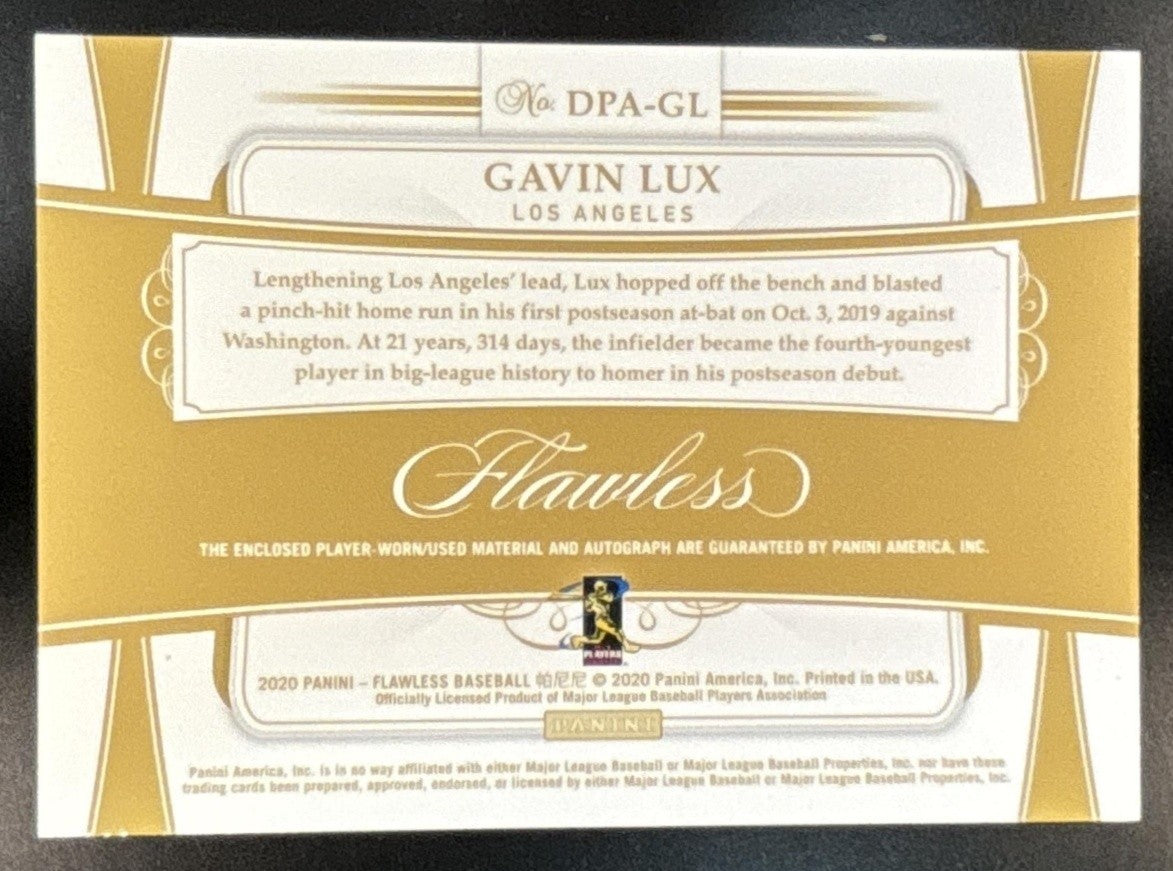 2020 Panini Flawless Gavin Lux Rookie Dual Patch Auto /10 MEM RC Dodgers - Sports Cards