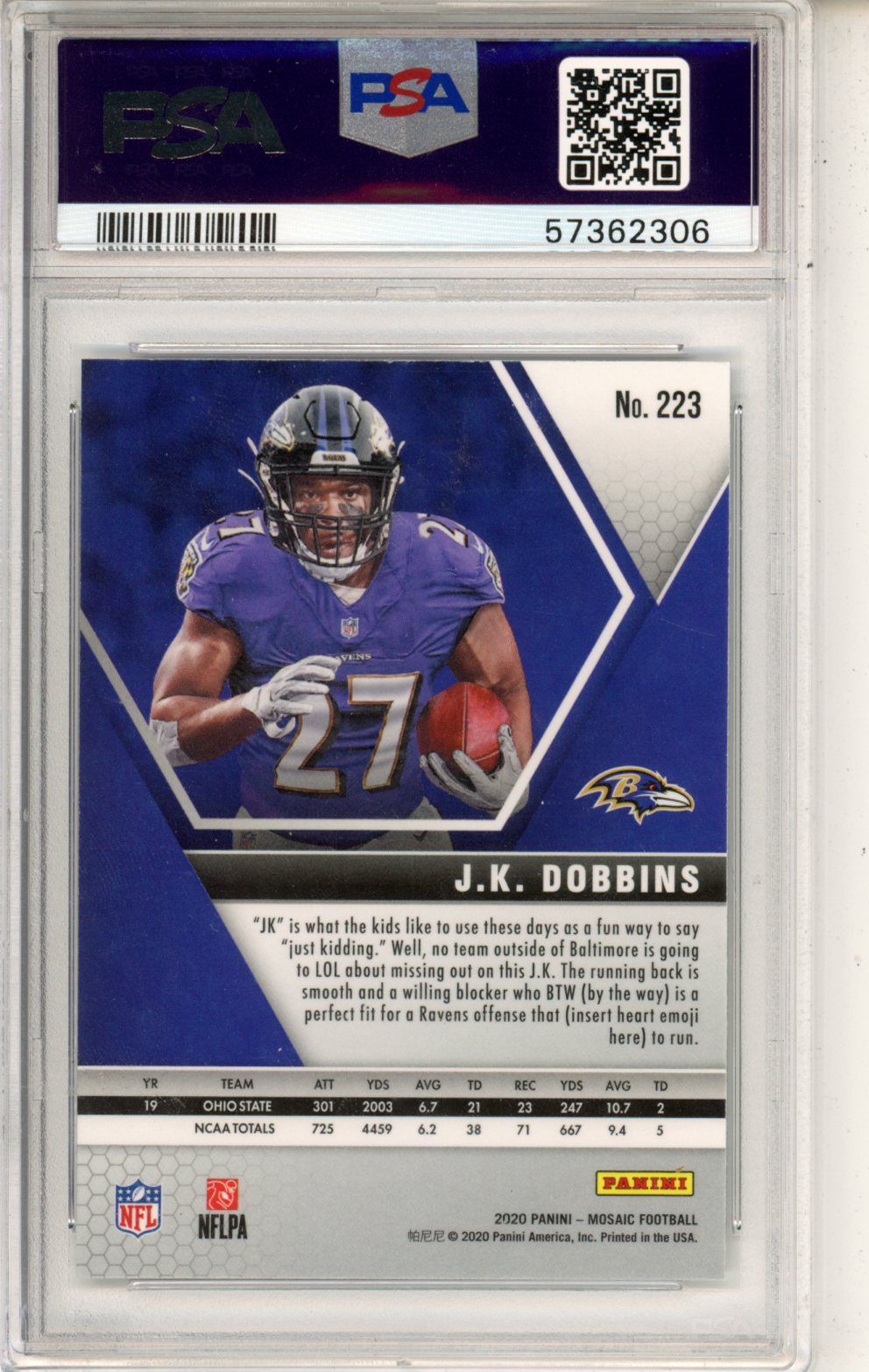 2020 Panini Mosaic J. K. Dobbins Rookie #223 PSA 10 Baltimore Ravens - Graded Sports Cards