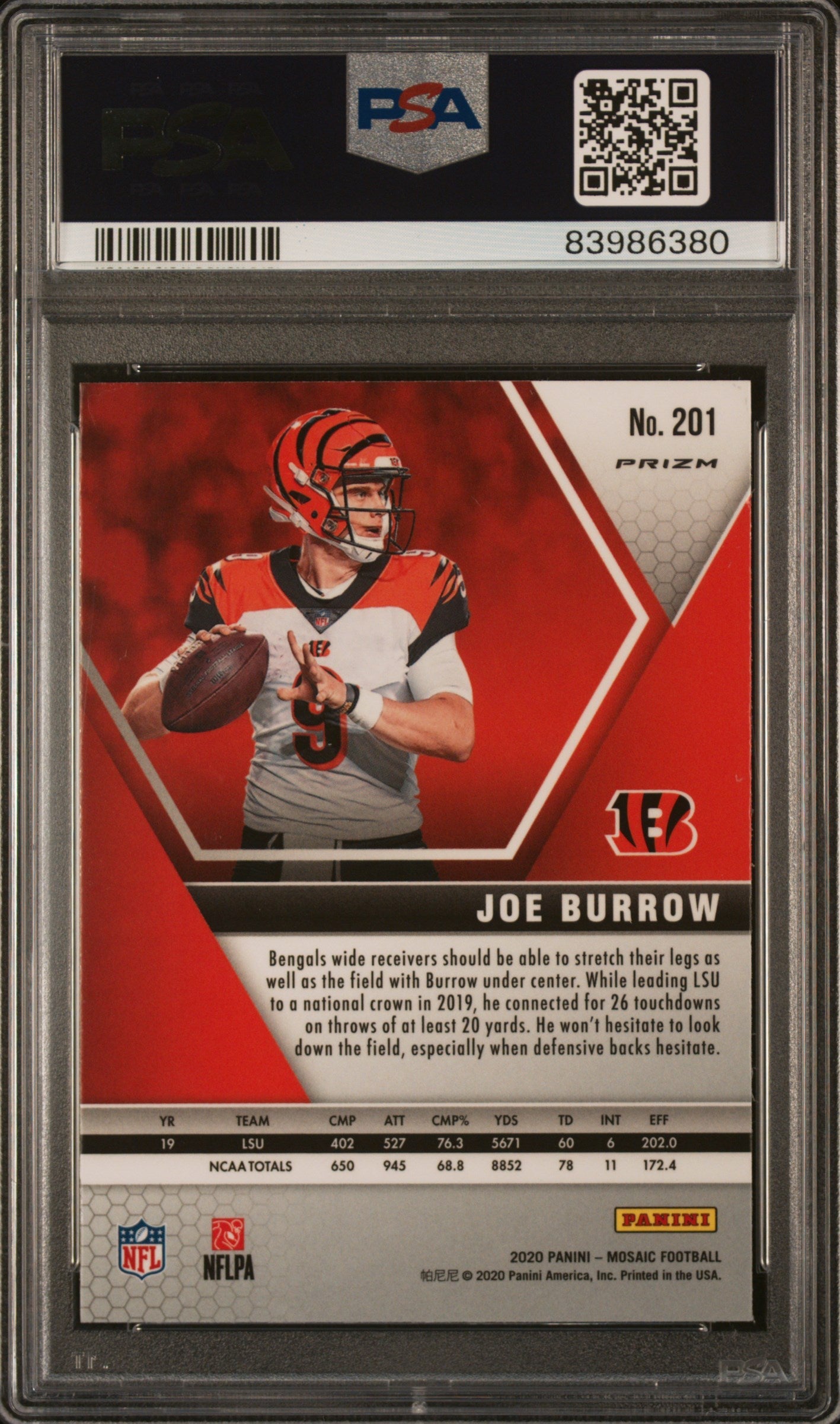 2020 Panini Mosaic Joe Burrow Camo Pink Rookie #201 PSA 9 Cincinnati Bengals Graded Sports Cards
