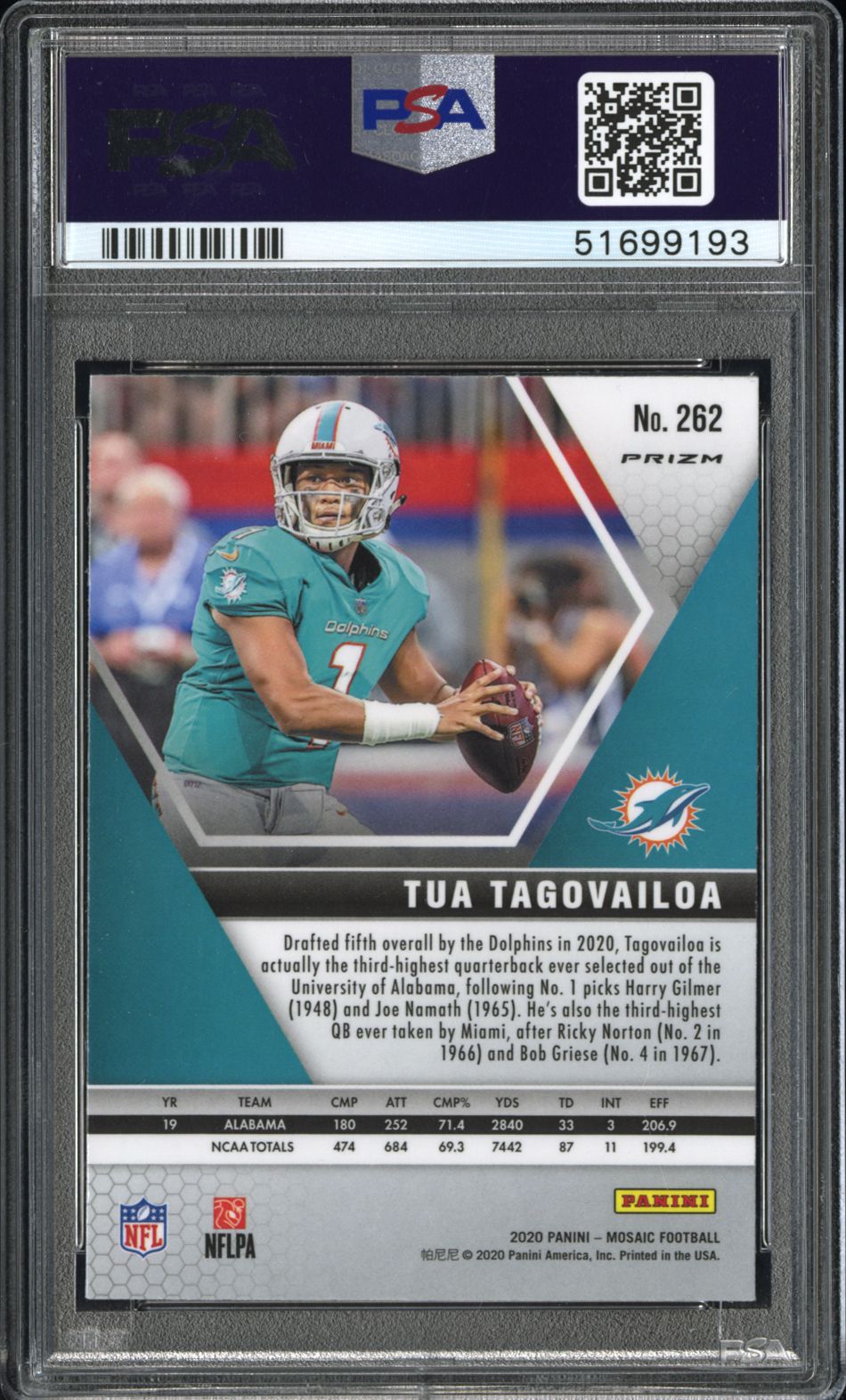 2020 Panini Mosaic Tua Tagovailoa No Huddle Silver Rookie PSA 10 Miami Dolphins Graded Sports Cards