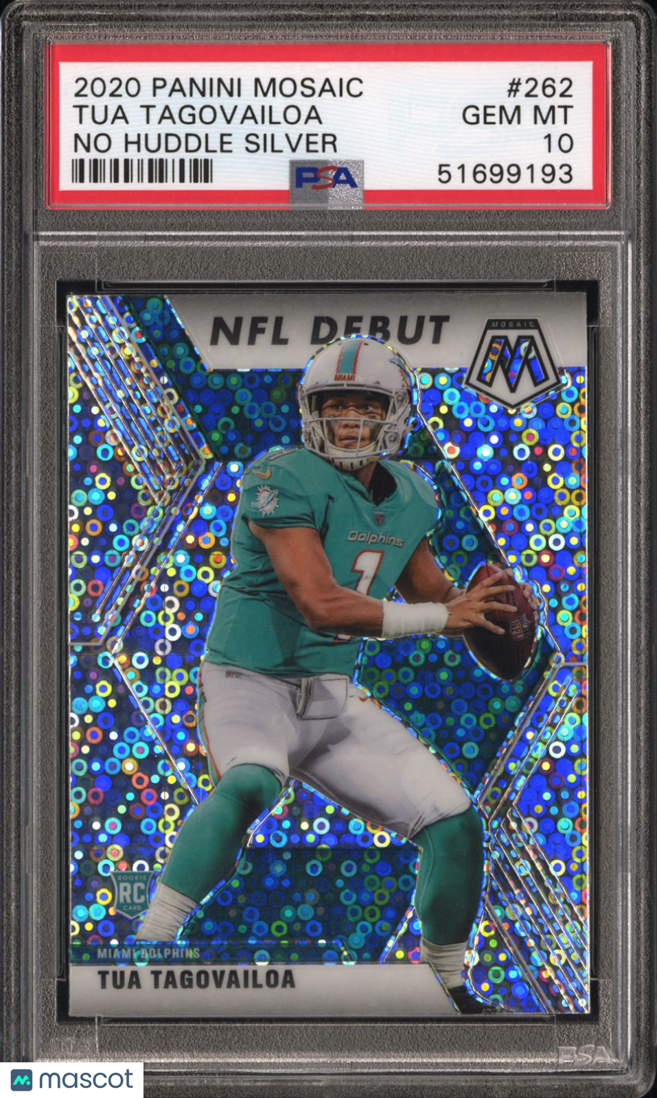 2020 Panini Mosaic Tua Tagovailoa No Huddle Silver Rookie PSA 10 Miami Dolphins Graded Sports Cards