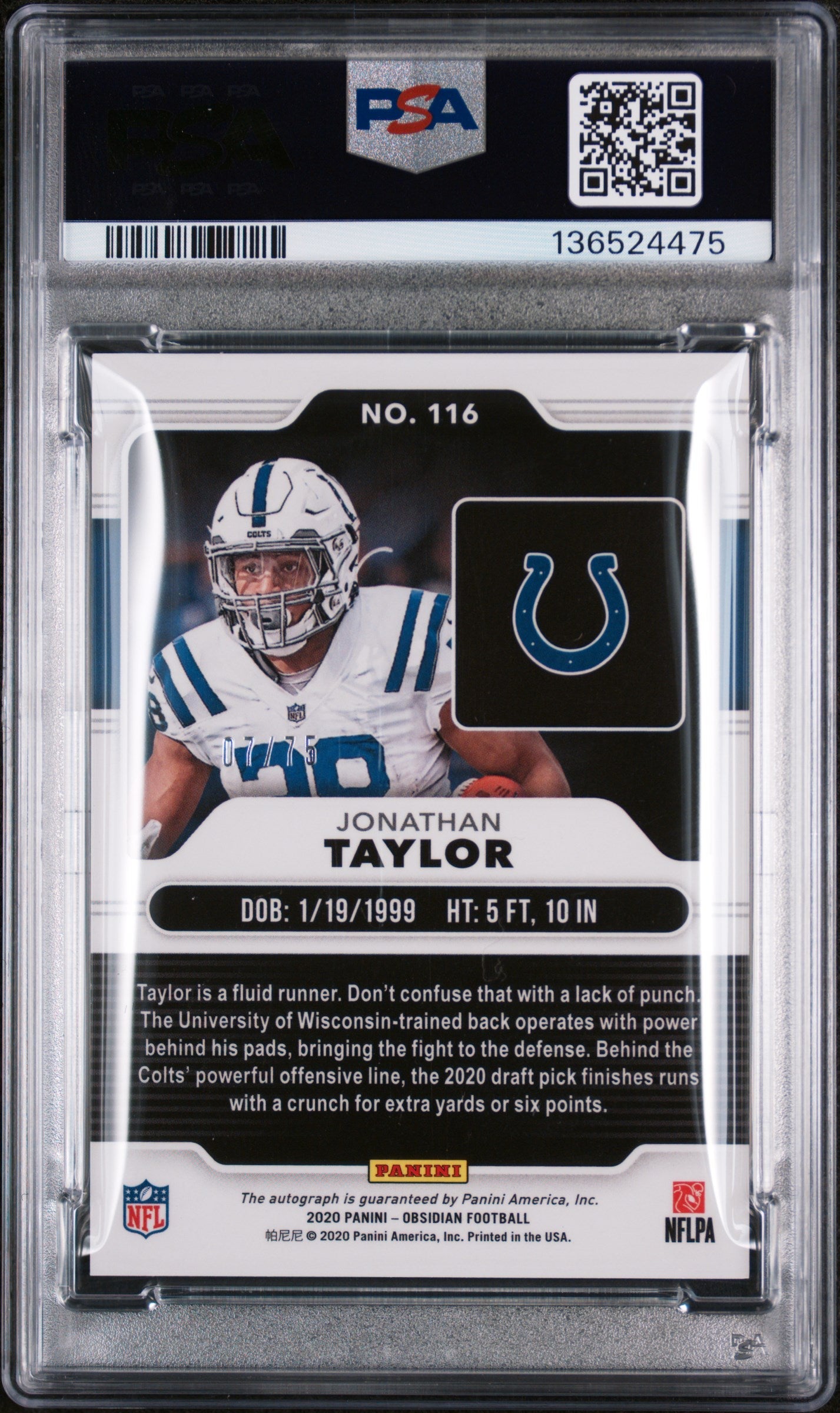 2020 Panini Obsidian Jonathan Taylor Autograph Orange Etch/75 Rookie PSA 9 - Graded Sports Cards