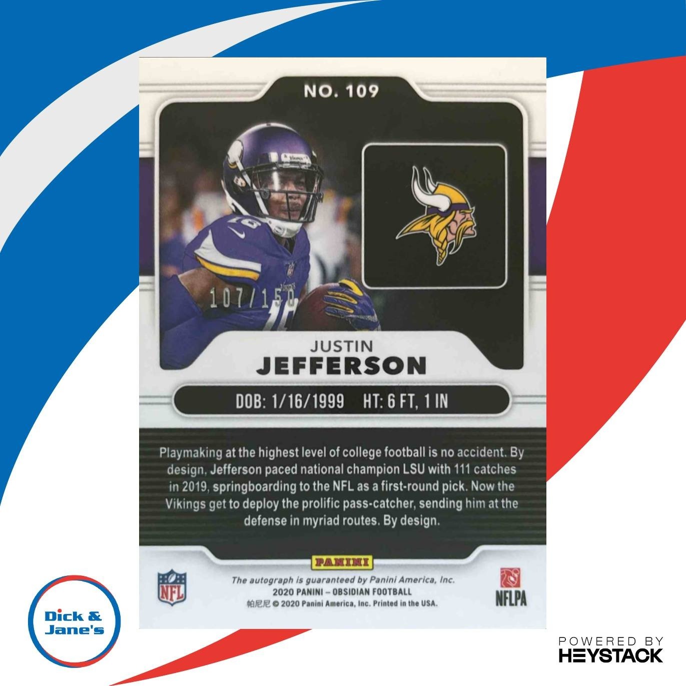 2020 Panini Obsidian Justin Jefferson Rookie Autos /150 #109 RC Vikings - Sports Cards