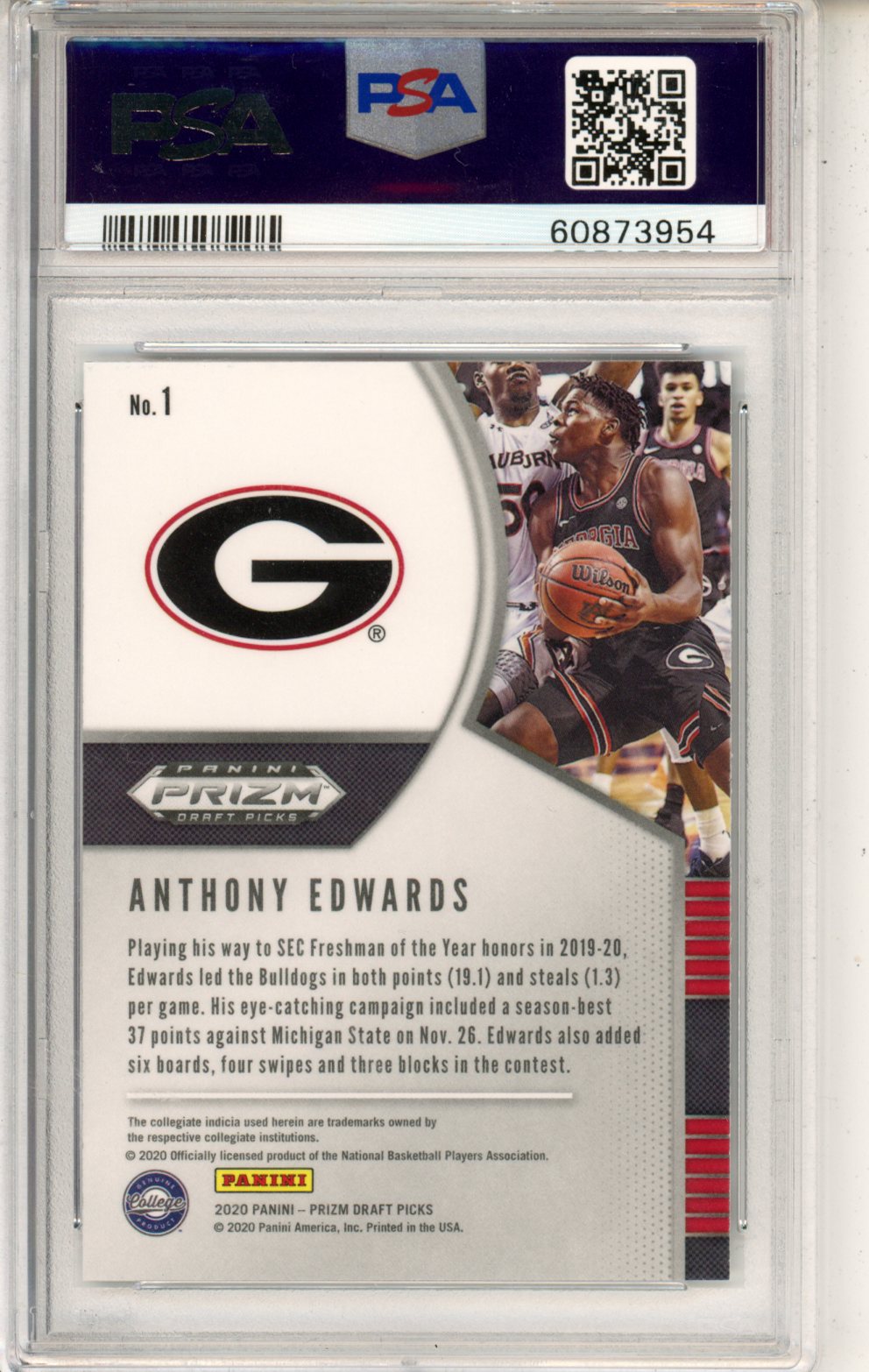 2020 Panini Prizm Draft Picks Anthony Edwards Rookie #1 PSA 10 Georgia Bulldogs Graded Sports Cards