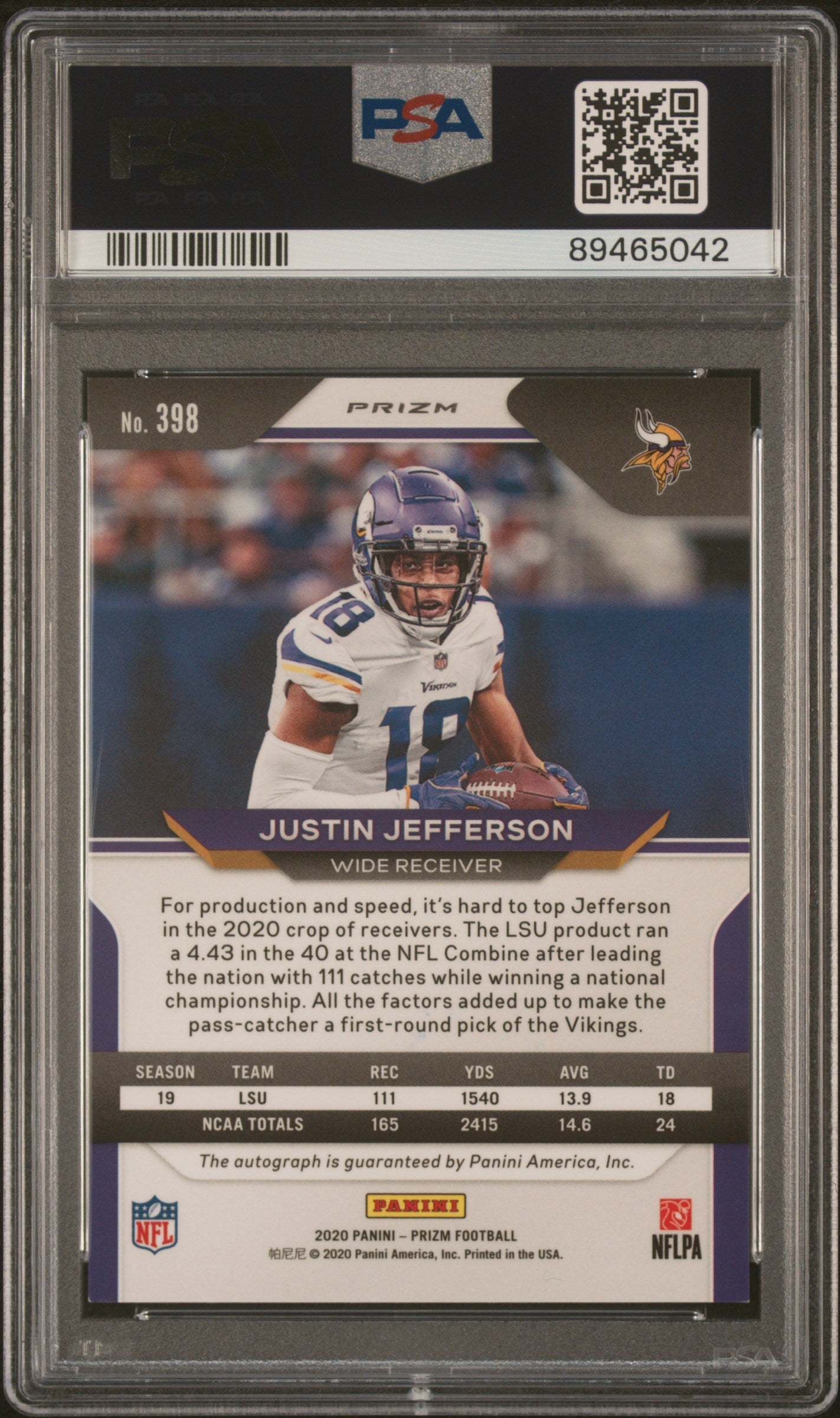 2020 Panini Prizm Justin Jefferson Autograph Rookie #398 PSA 9 Minnesota Vikings - Graded Sports Cards