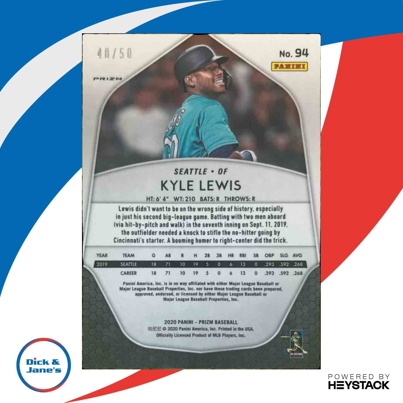 2020 Panini Prizm Kyle Lewis Snake Skin 40/50 #94 RC Seattle Mariners - Sports Cards
