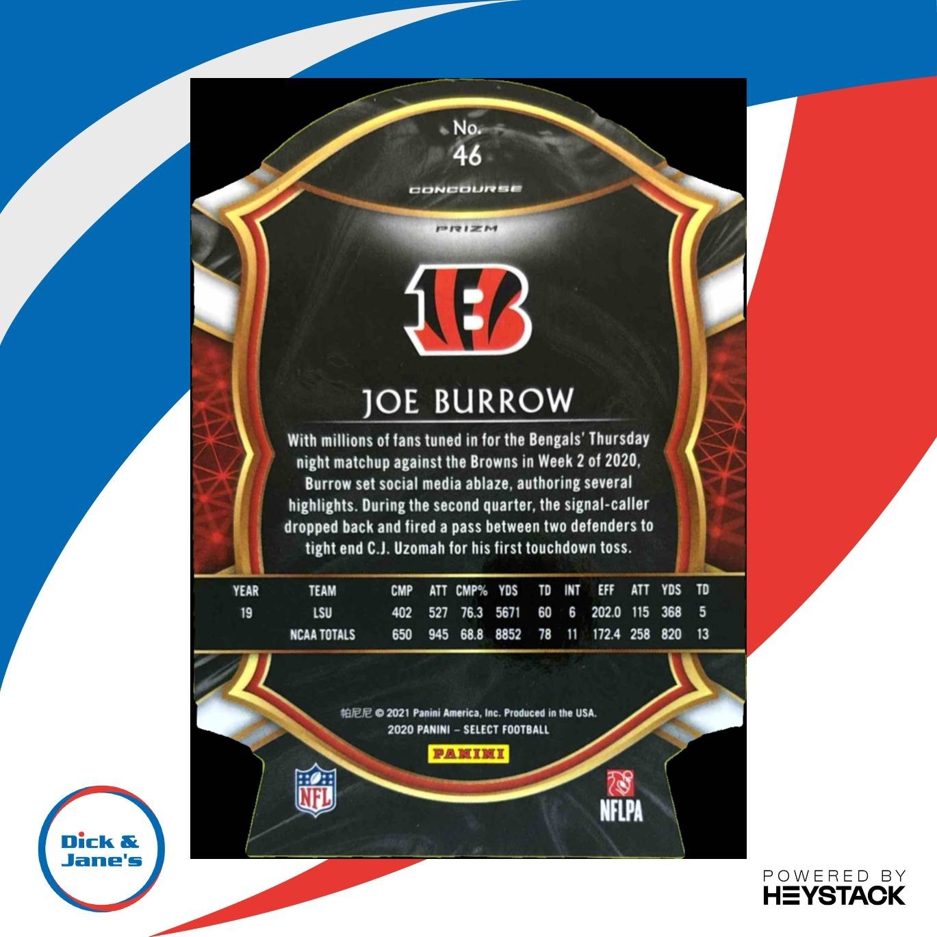 2020 Panini Select Joe Burrow Tri Color Prizm Die Cut #46 RC Bengals - Sports Cards