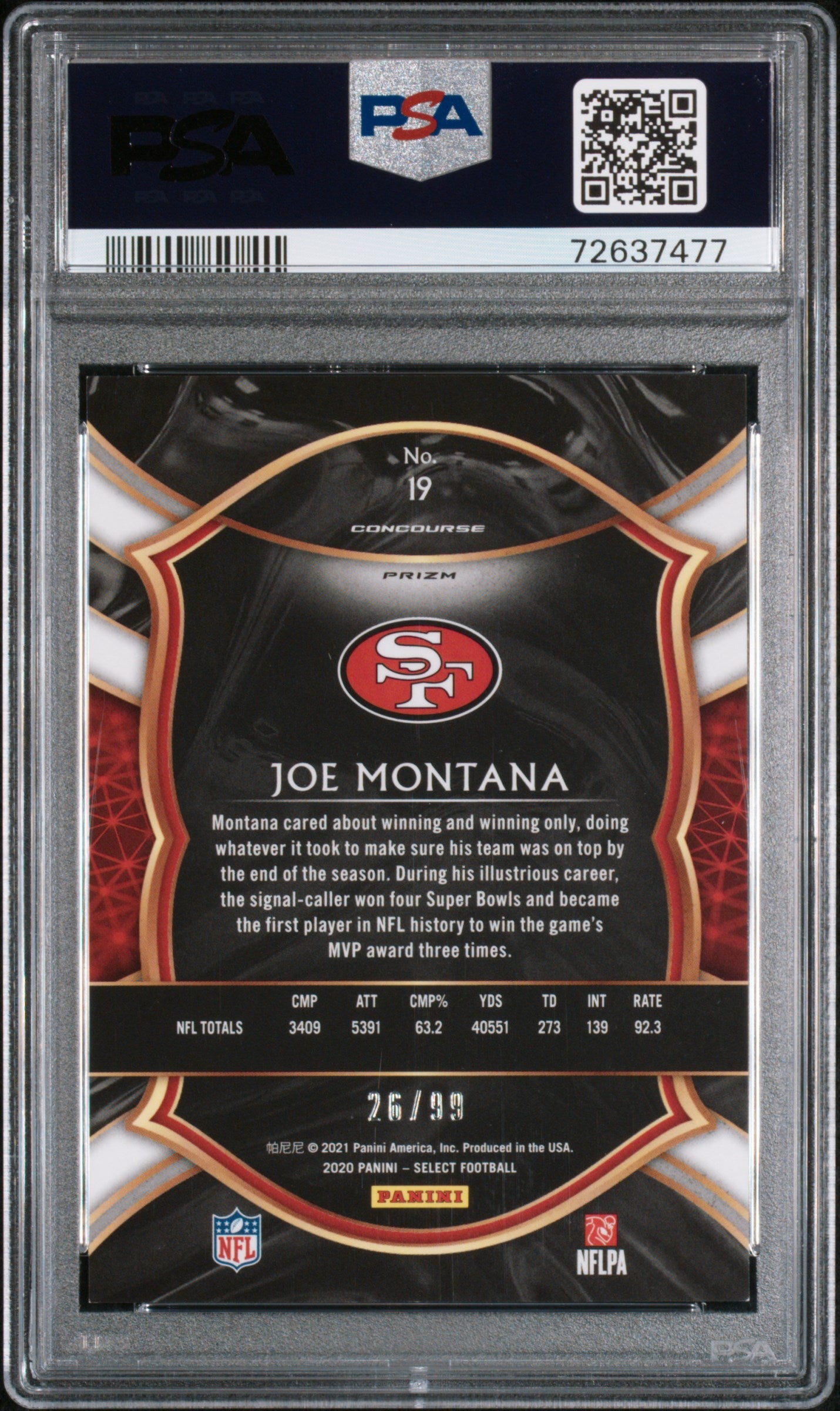 2020 Panini Select Joe Montana Red Prizm #19 PSA 9 /99 - Graded Sports Cards