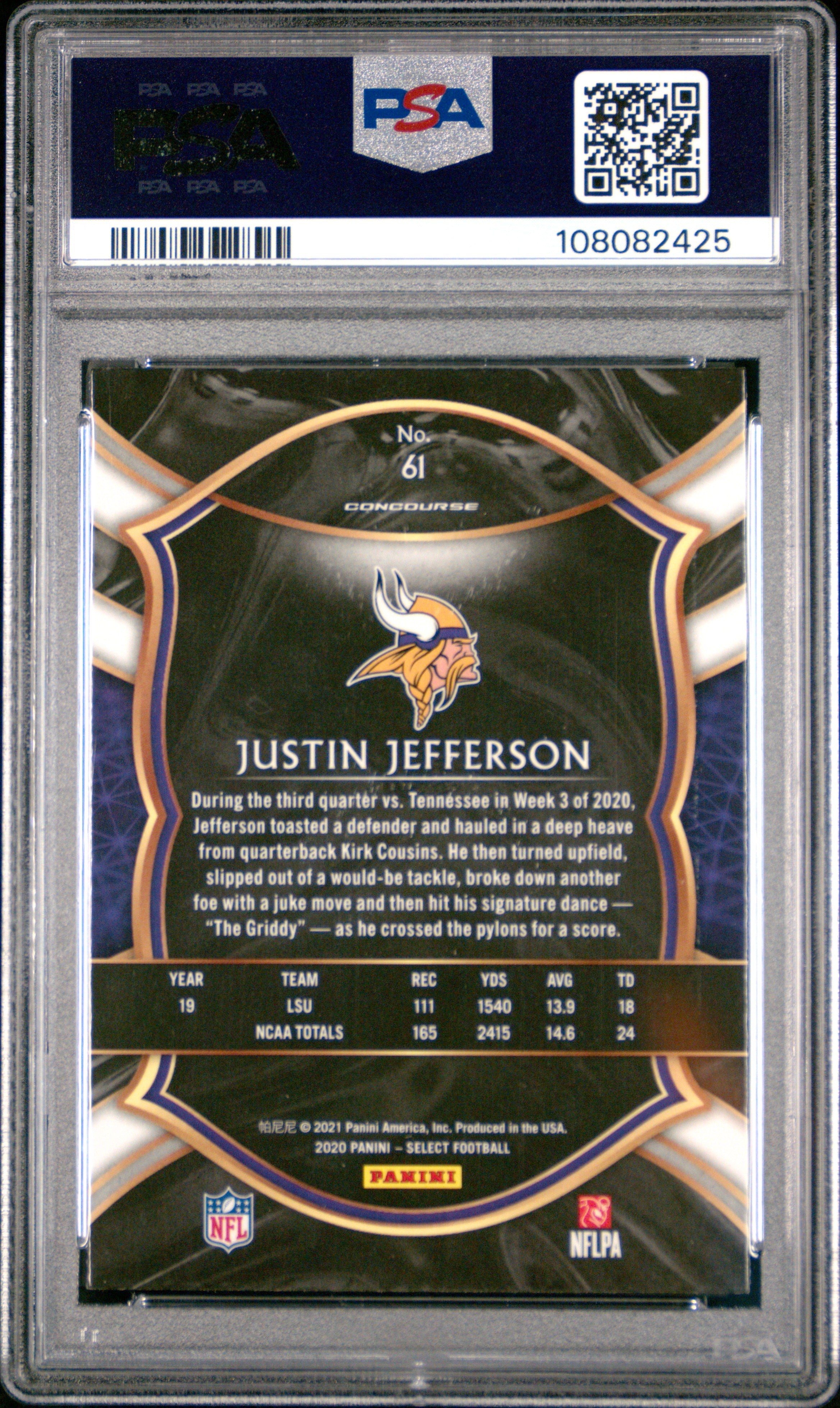 2020 Panini Select Justin Jefferson Rookie #61 PSA 10 Minnesota Vikings Graded Sports Cards