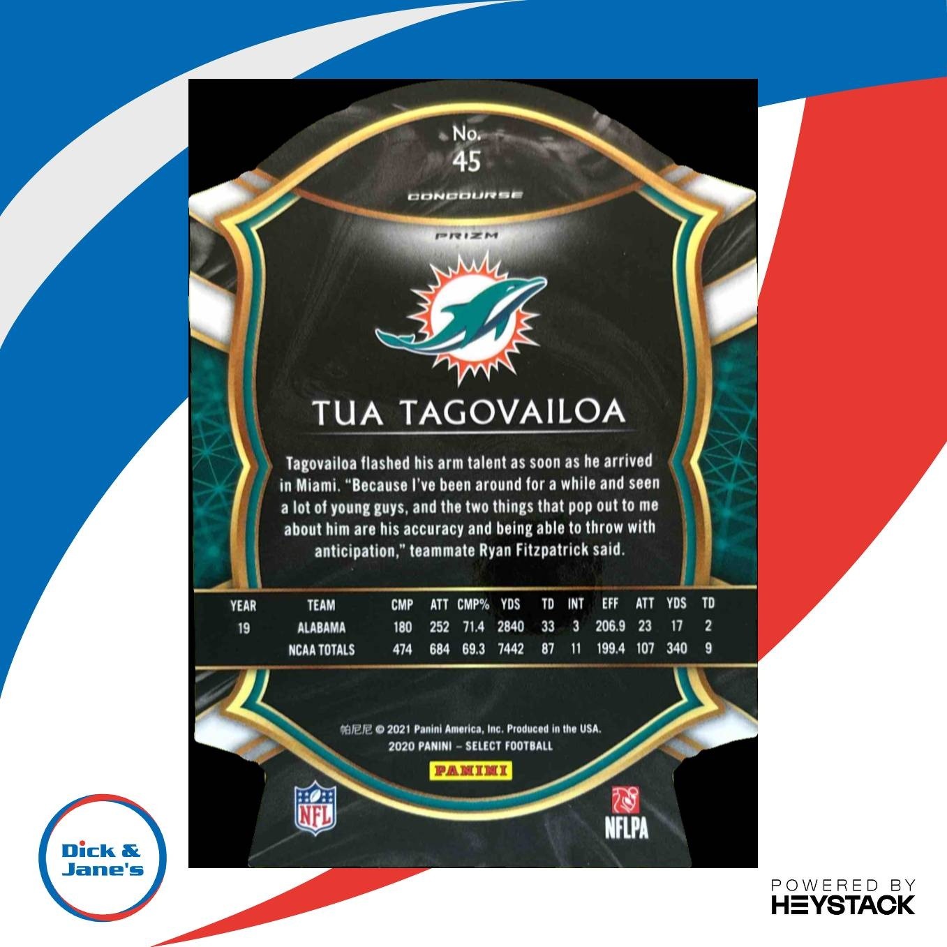 2020 Panini Select Tua Tagovailoa Blue Prizm Die Cut #45 RC Miami Dolphins - Sports Cards