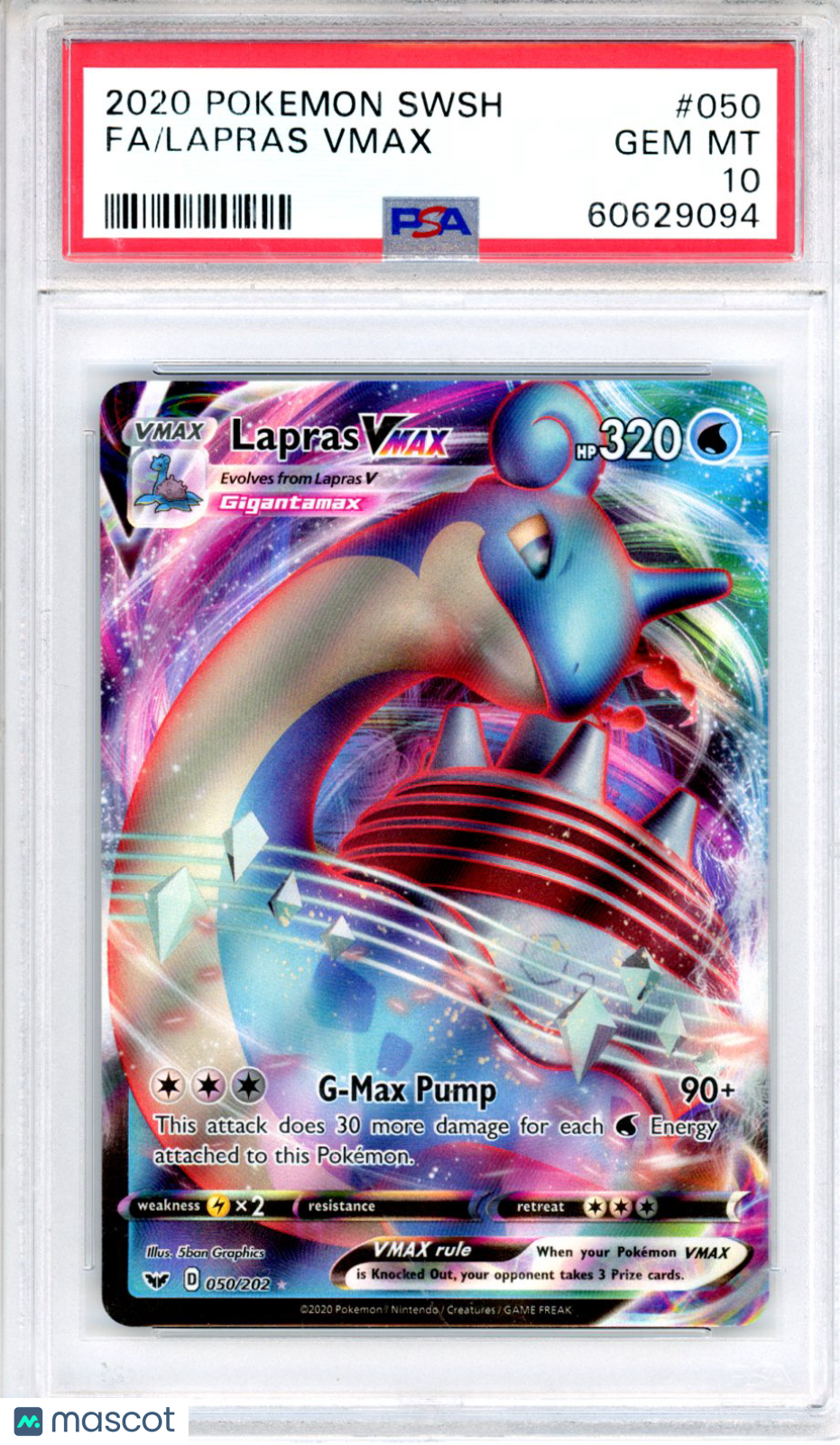 2020 Pokemon Sword & Shield Lapras VMAX #050 FA PSA 10 GEM MINT - Graded TCG/CCG