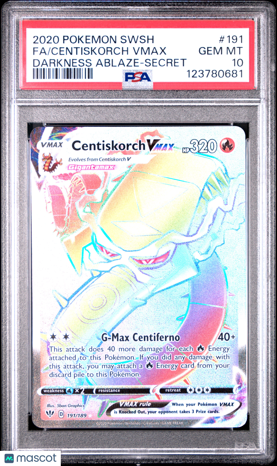 2020 Pokemon SWSH Darkness Ablaze Centiskorch VMAX #191 Secret FA PSA 10 GEM - Graded TCG/CCG