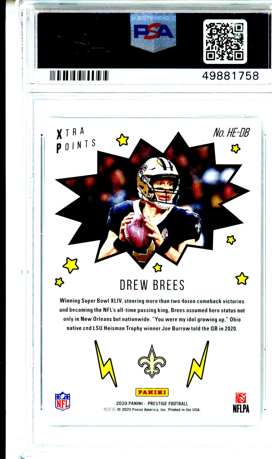 2020 Prestige Heroes Drew Brees Platinum X 08/10 PSA 10 New Orleans Saints Graded Sports Cards