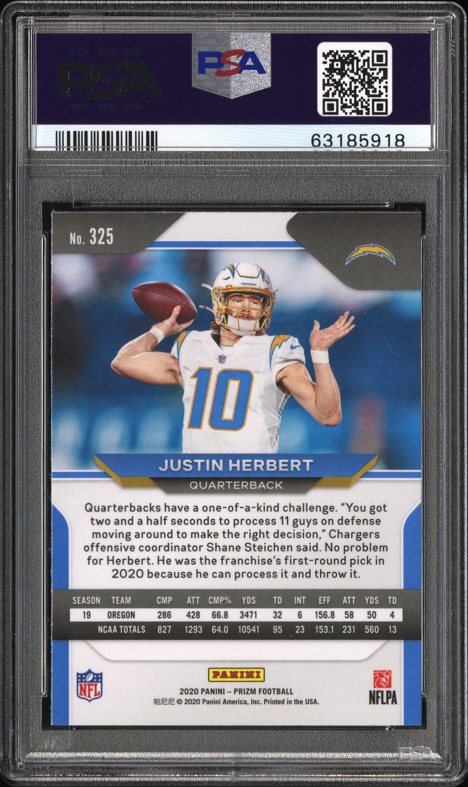 2020 Prizm Justin Herbert Rookie #325 PSA 10 GEM MINT Los Angeles Chargers Graded Sports Cards
