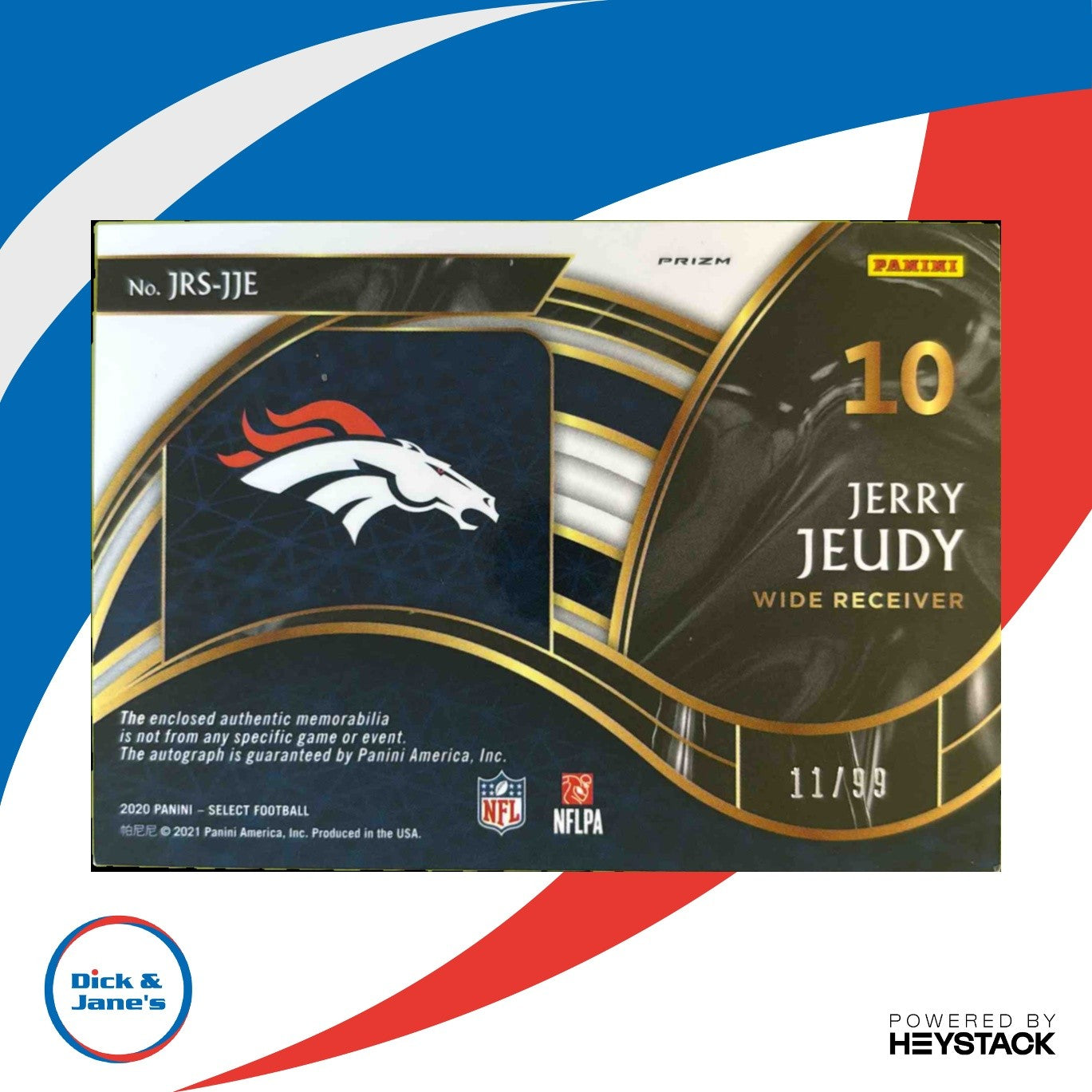 2020 Select Jerry Jeudy Jumbo Rookie Signature Swatches Prizm 11/99 Auto Broncos - Sports Cards