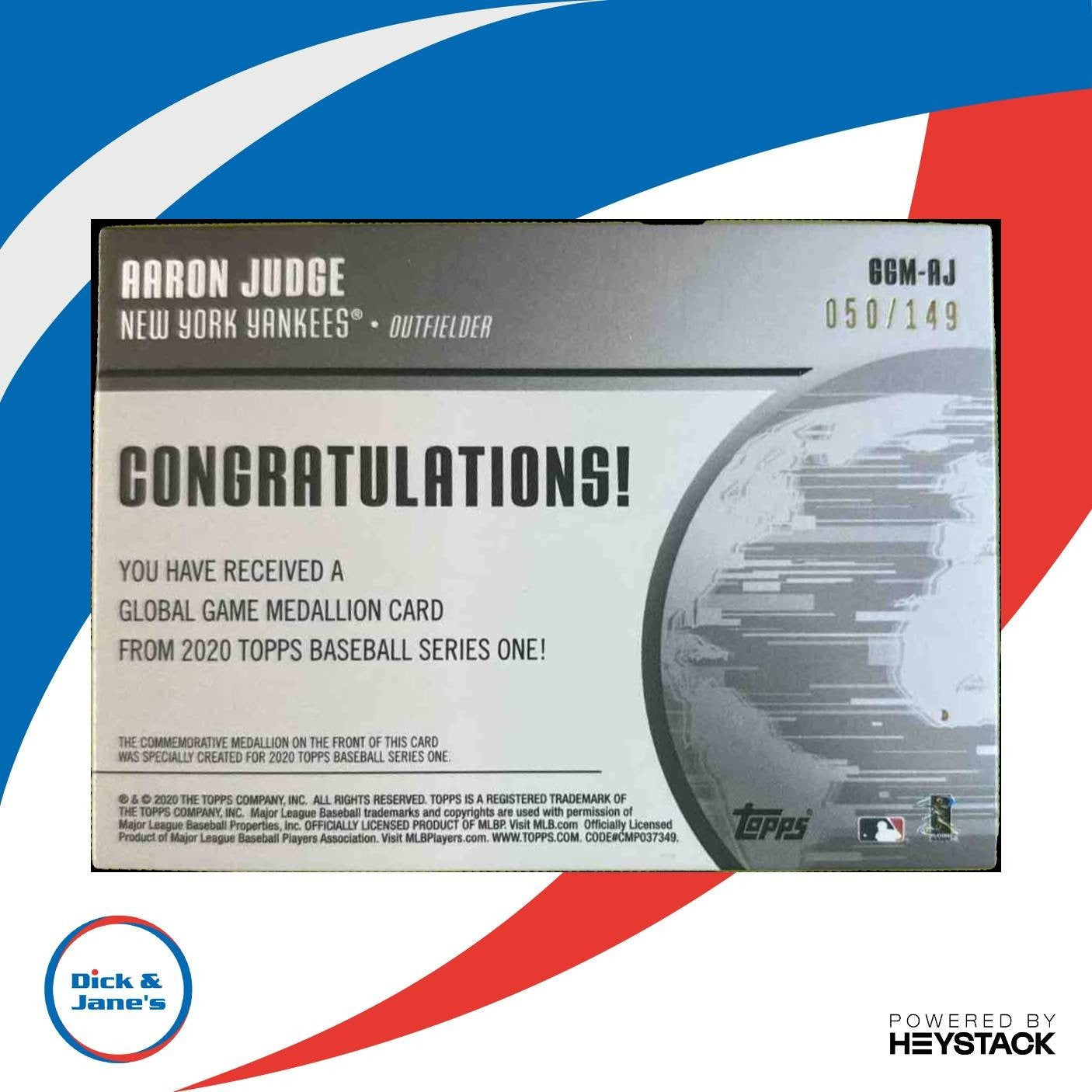 2020 Topps Aaron Judge Global Game Medallion Black 50/149 New York Yankees - Sports Cards
