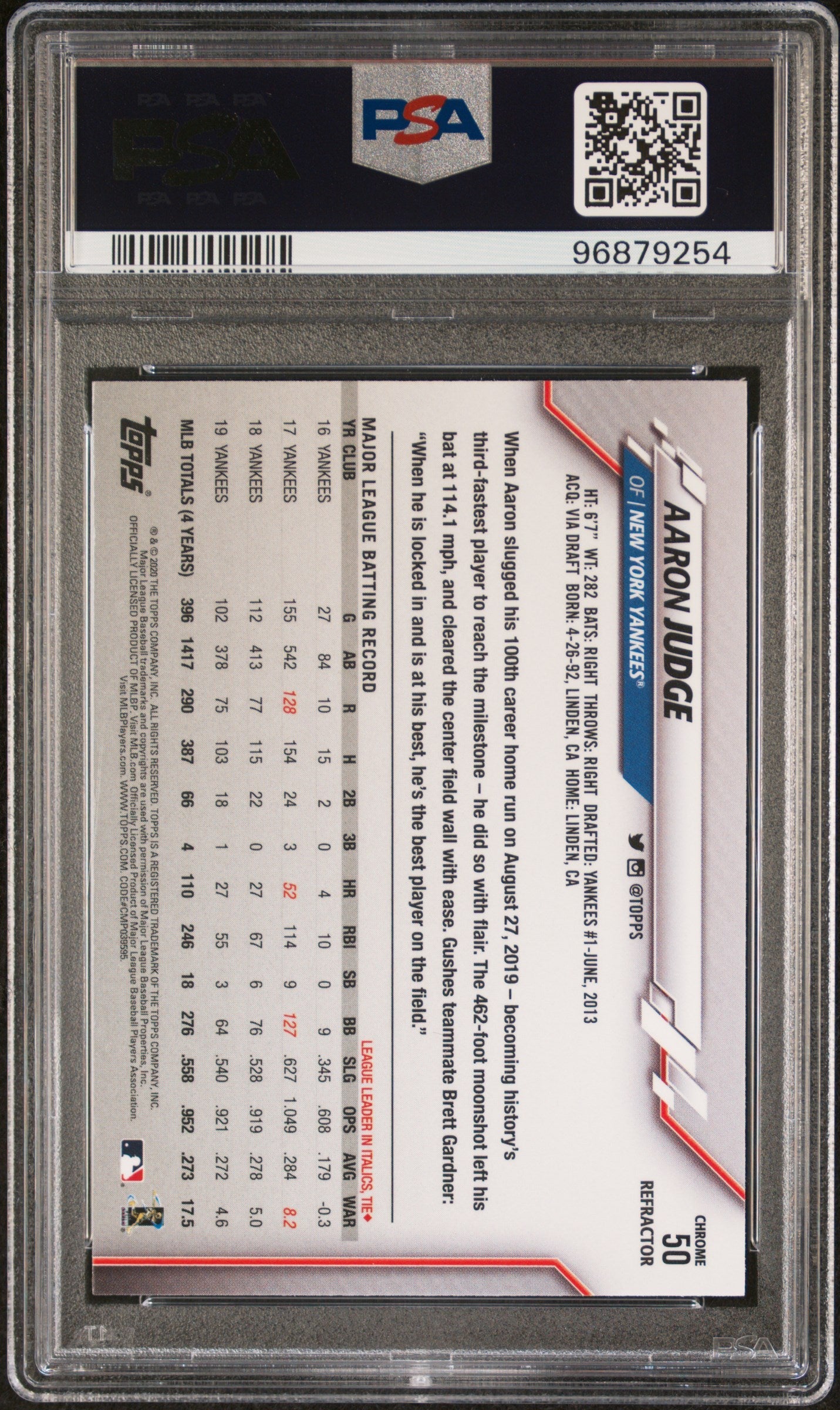 2020 Topps Chrome Aaron Judge Sepia Refractor #50 PSA 9 - Graded Sports Cards