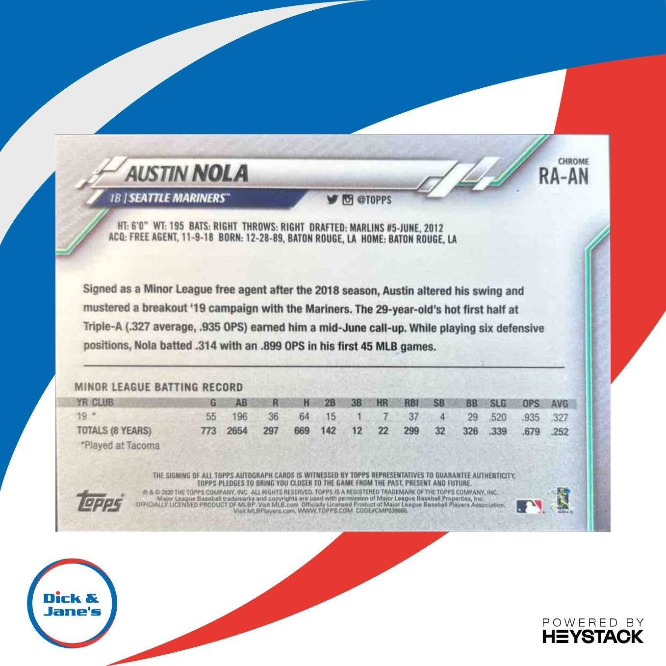 2020 Topps Chrome Austin Nola Rookie Auto #RA-AN RC Seattle Mariners - Sports Cards