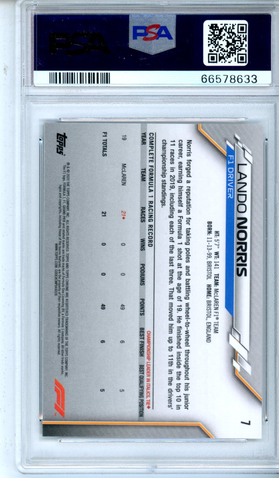2020 Topps Chrome Formula 1 Lando Norris #7 PSA 10 GEM MINT F1 Racing McLaren Graded Sports Cards