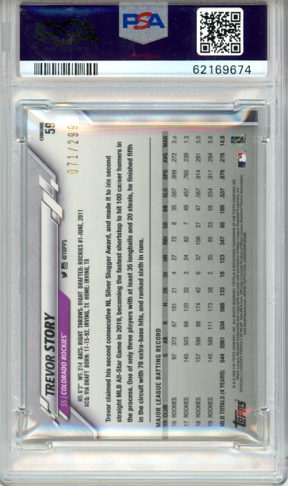 2020 Topps Chrome Trevor Story Purple Refractor #59 PSA 9 - Graded Sports Cards