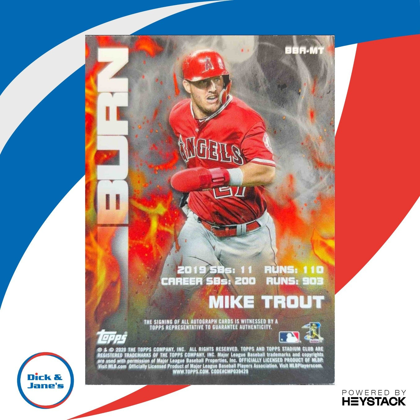 2020 Topps Stadium Club Mike Trout Bash & Burn Auto Orange 1/5 LA Angels - Sports Cards