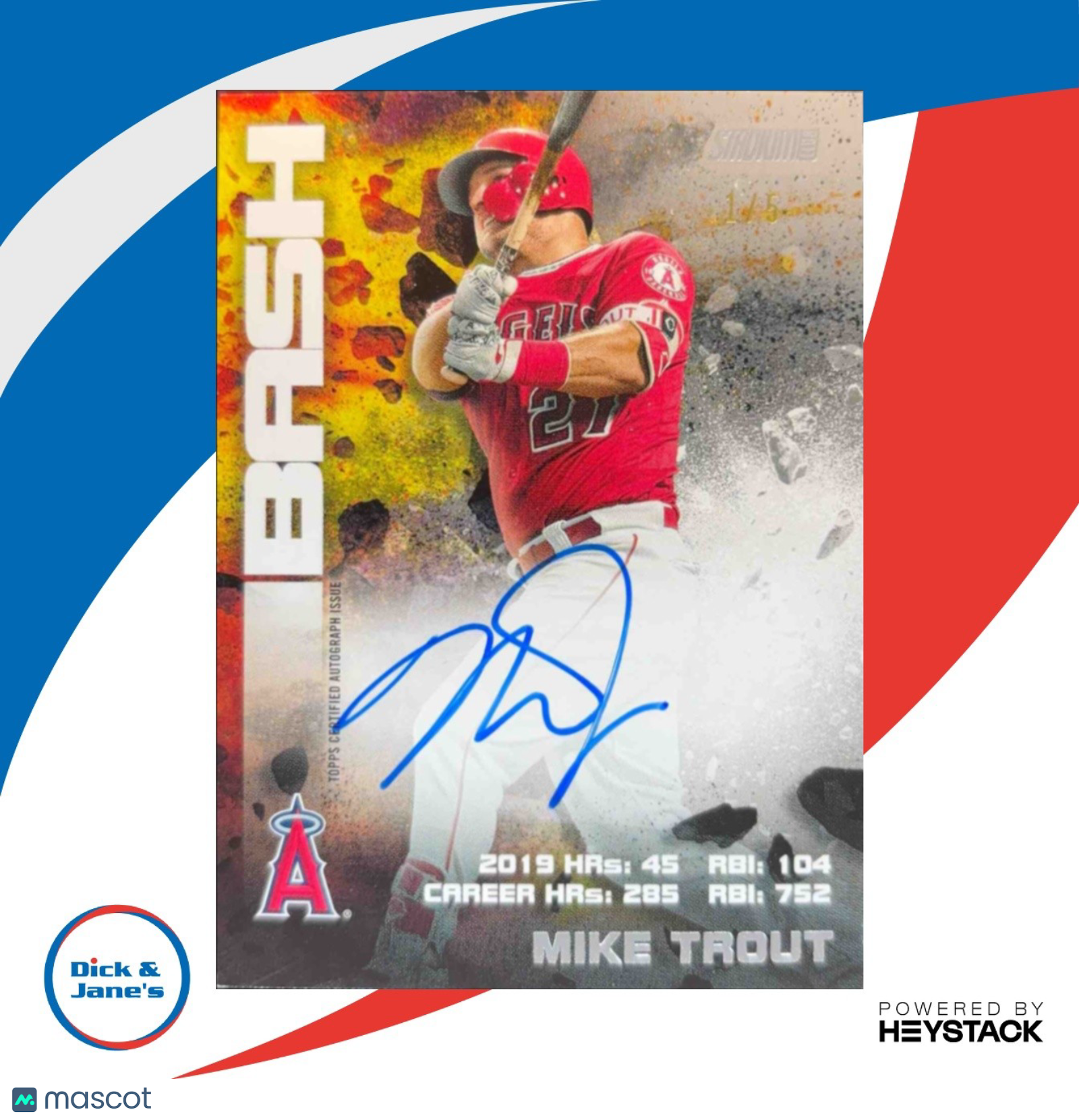 2020 Topps Stadium Club Mike Trout Bash & Burn Auto Orange 1/5 LA Angels - Sports Cards
