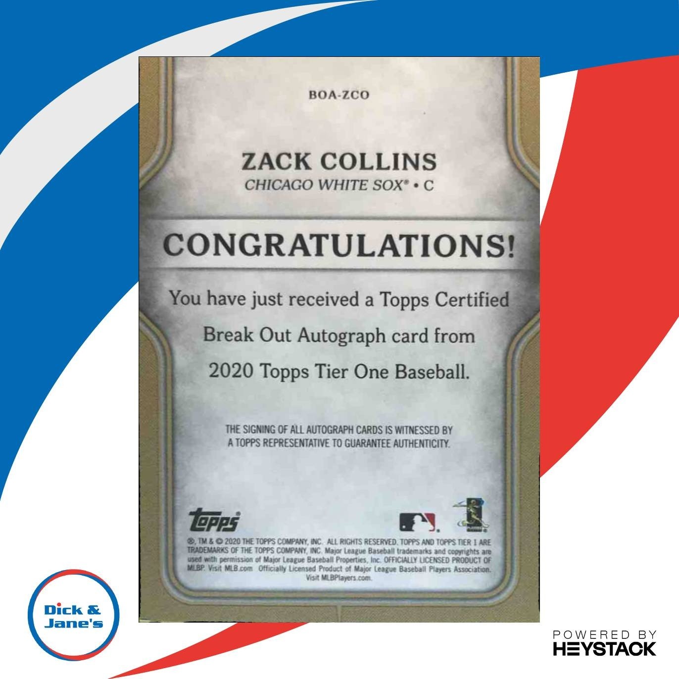 2020 Topps Tier One Zack Collins Break Out Auto 67/299 RC Chicago White Sox - Sports Cards