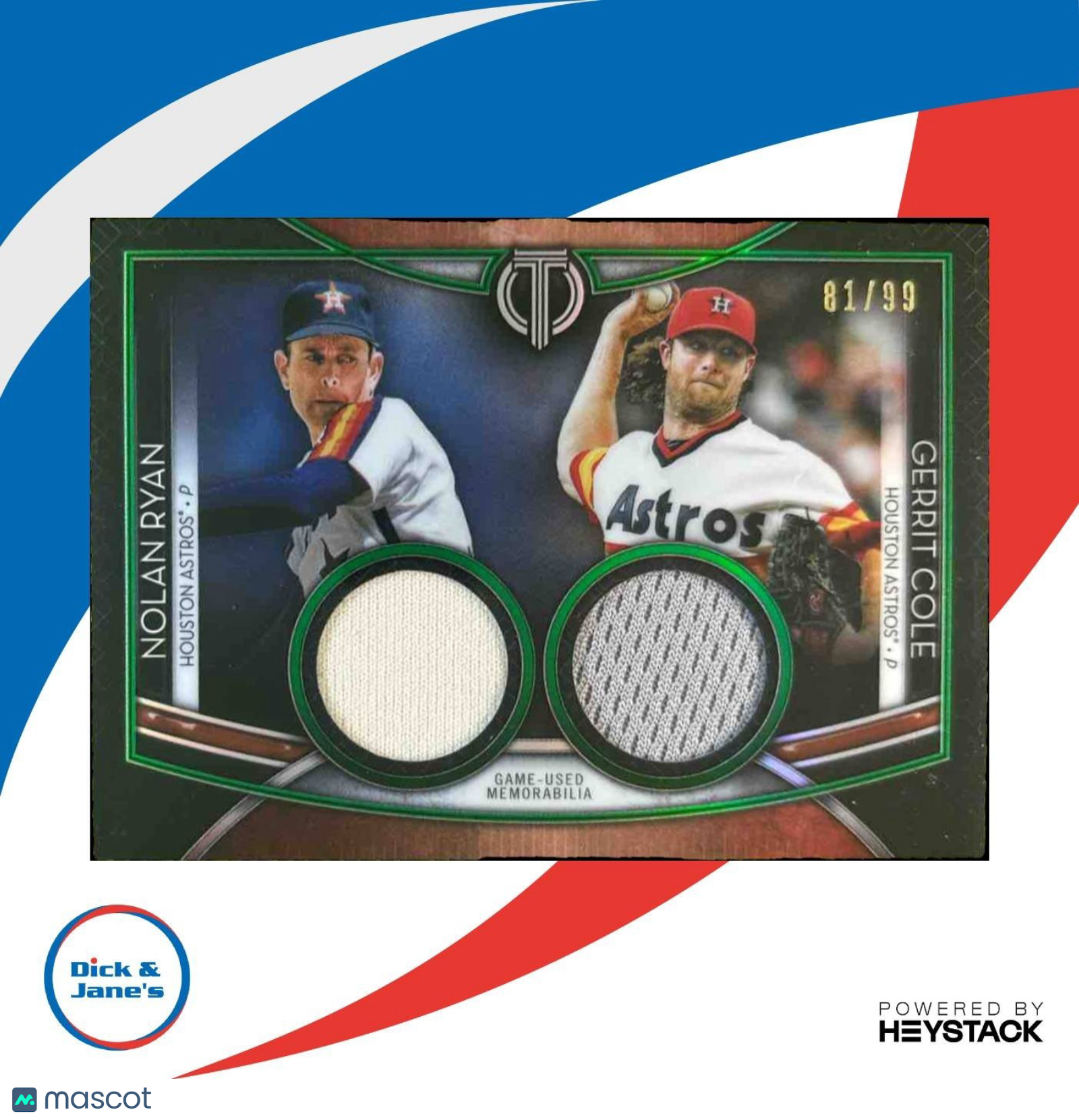 2020 Topps Tribute Nolan Ryan Gerrit Cole Dual Relics Player Green /99 Astros - Sports Cards