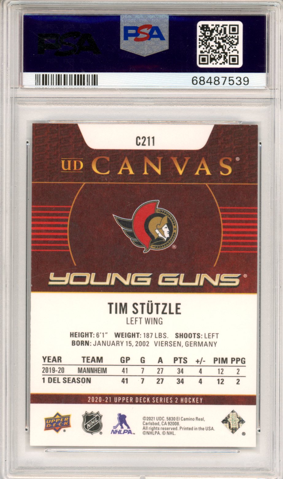 2020 Upper Deck UD Canvas Tim Stutzle #C211 PSA 10 - Graded Sports Cards