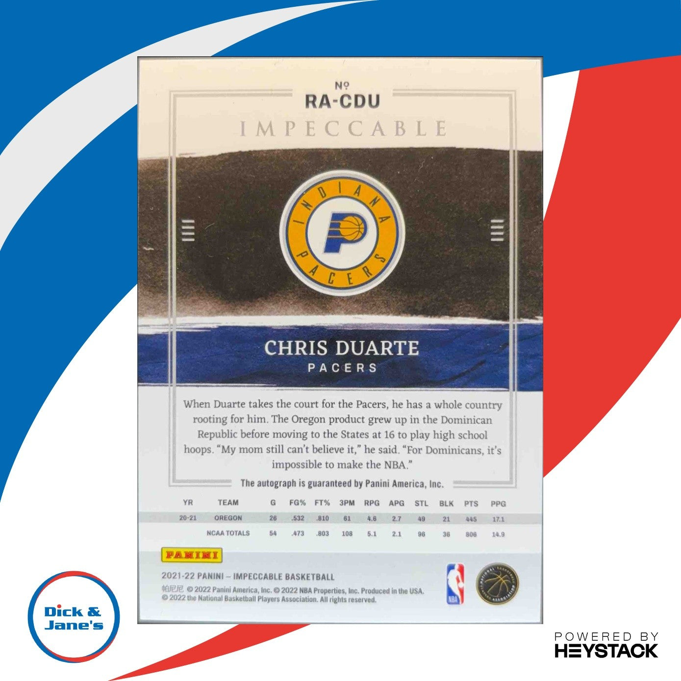 2021-22 Panini Impeccable Chris Duarte Rookie Auto Red 8/9 RC Indiana Pacers - Sports Cards