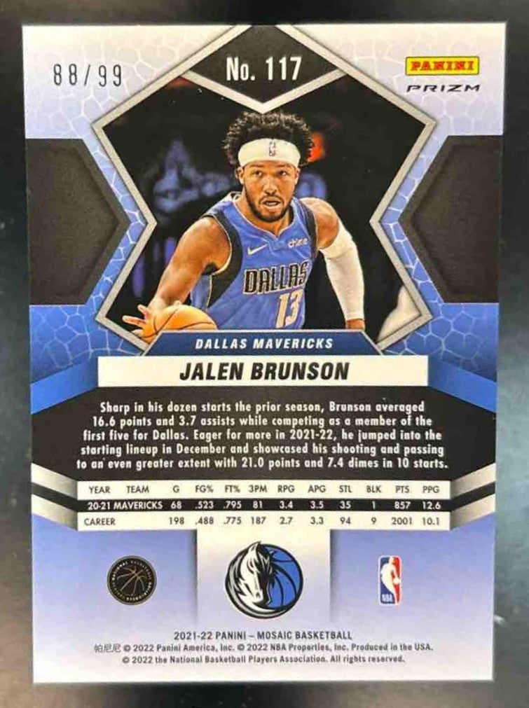2021-22 Panini Mosaic Jalen Brunson Blue /99 #117 Dallas Mavericks - Sports Cards