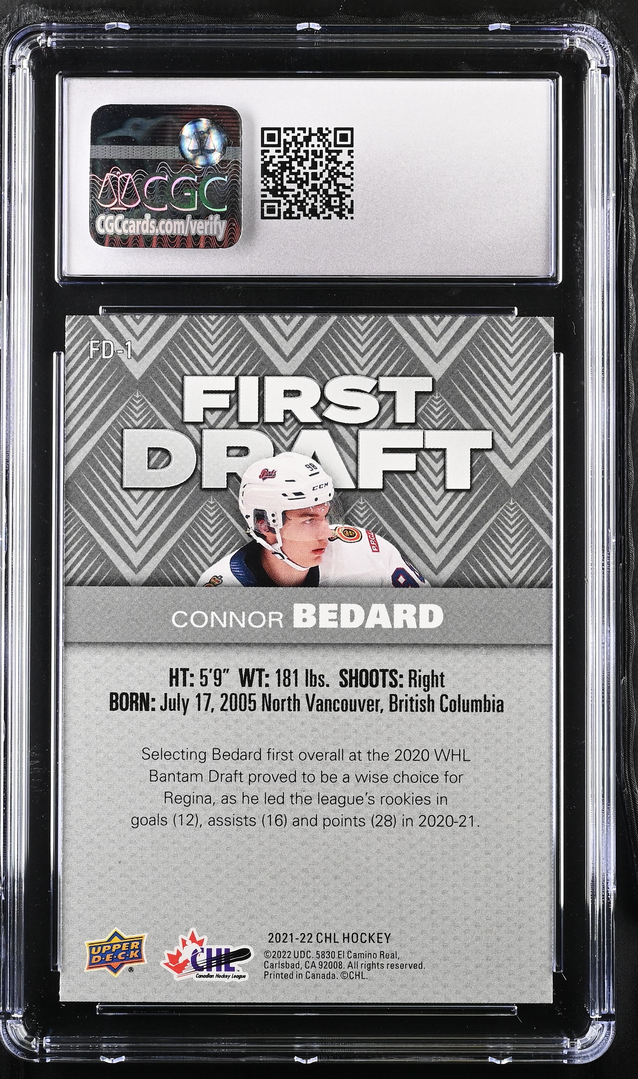 2021-22 Upper Deck CHL Connor Bedard Rookie First Draft #FD-1 CGC 9.5 MINT+ - Graded Sports Cards