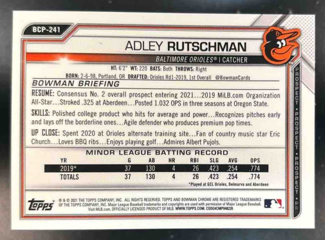 2021 Bowman Chrome Adley Rutschman Prospects Mega Box Purple /250 #BCP-241 - Sports Cards