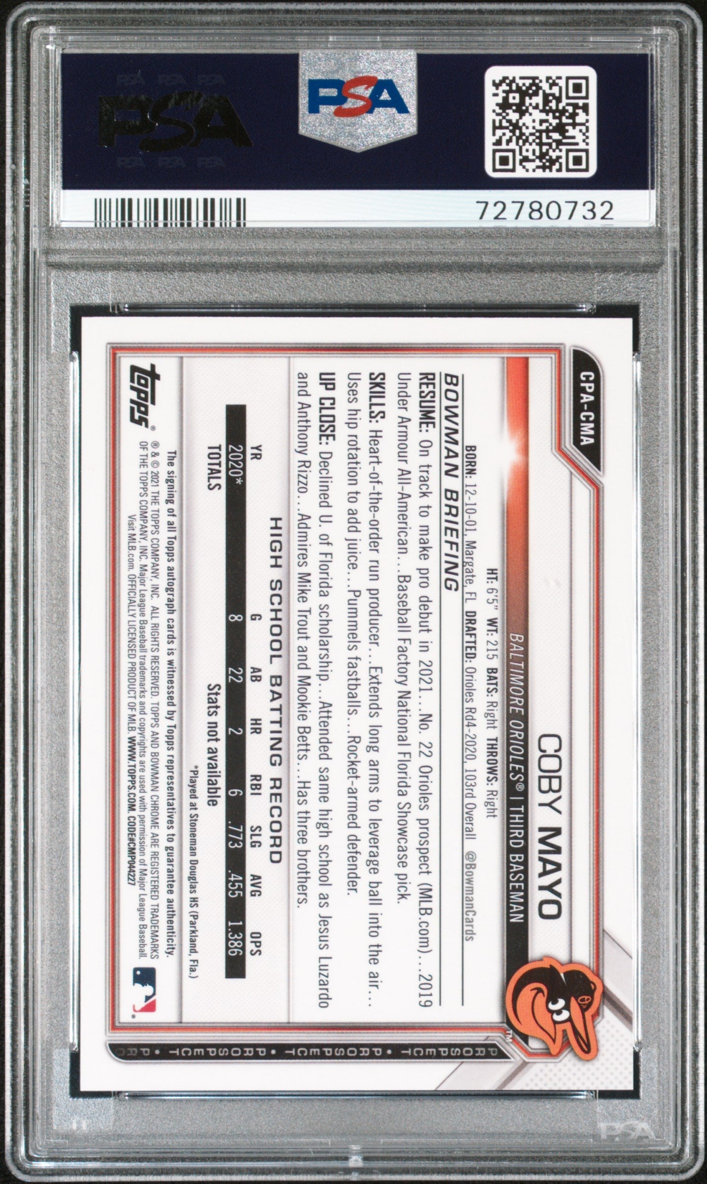 2021 Bowman Chrome Prospect Autographs Coby Mayo Autograph PSA 10 GEM MINT - Graded Sports Cards