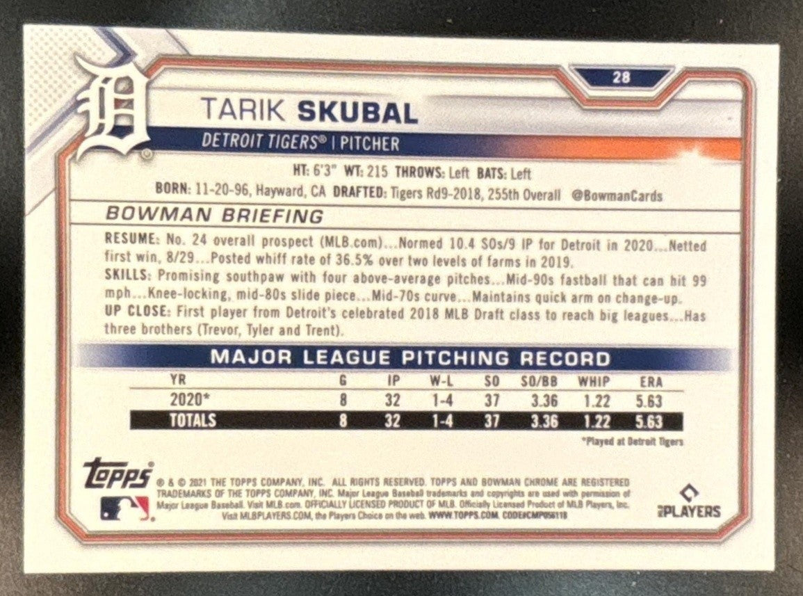 2021 Bowman Chrome Sapphire Tarik Skubal #28 RC Detroit Tigers - Sports Cards