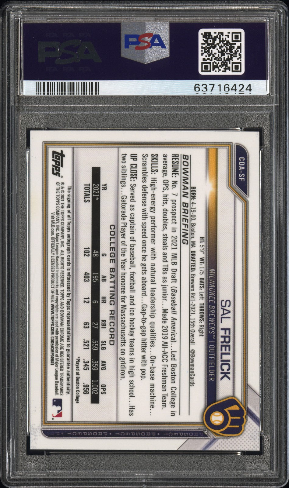 2021 Bowman Draft Chrome Pick Auto Sal Frelick Purple Refractor /250 PSA 10 GEM - Graded Sports Cards