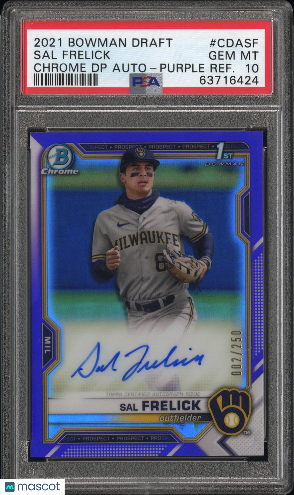 2021 Bowman Draft Chrome Pick Auto Sal Frelick Purple Refractor /250 PSA 10 GEM - Graded Sports Cards