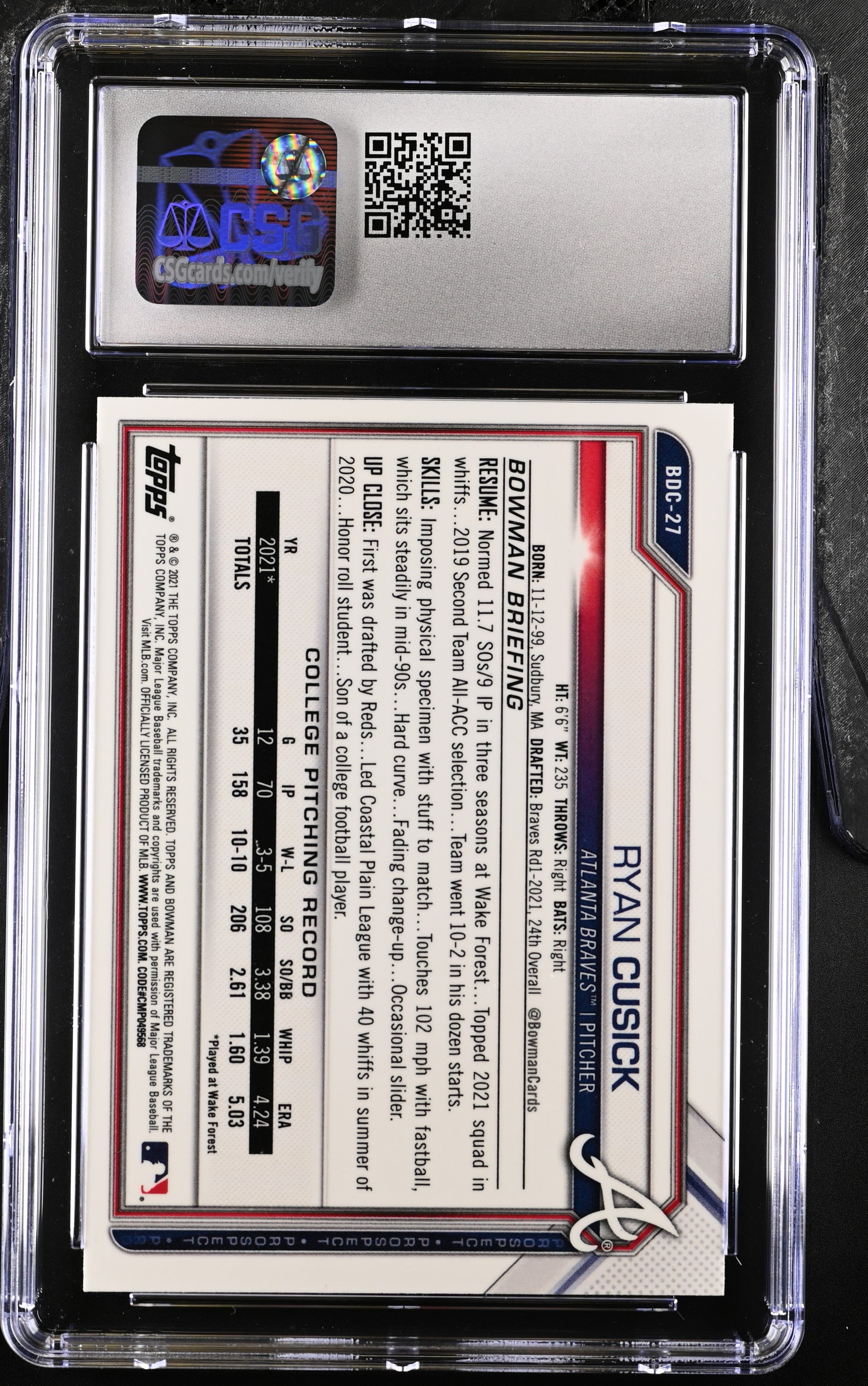 2021 Bowman Draft Ryan Cusick Black White RayWave Refractor Chrome #BDC-27 CGC 9 - Graded Sports Cards