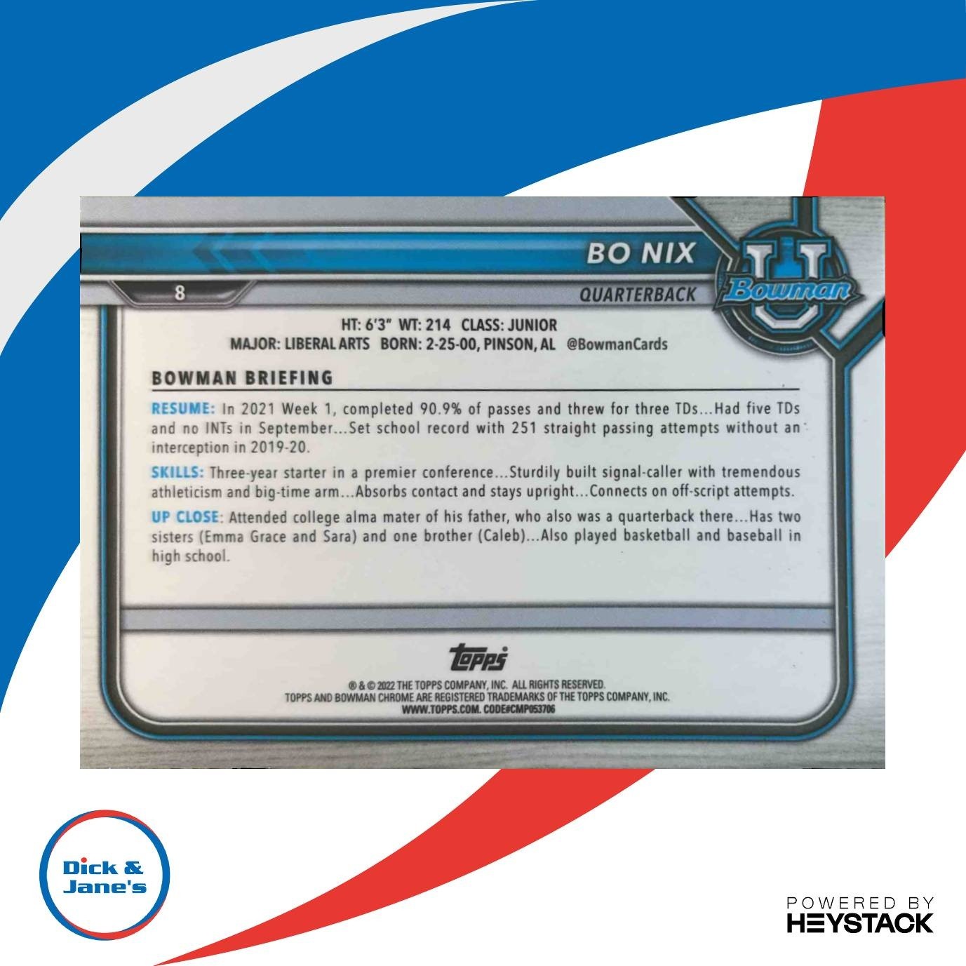 2021 Bowman University Bo NIx Chrome Refractor #8 - Sports Cards