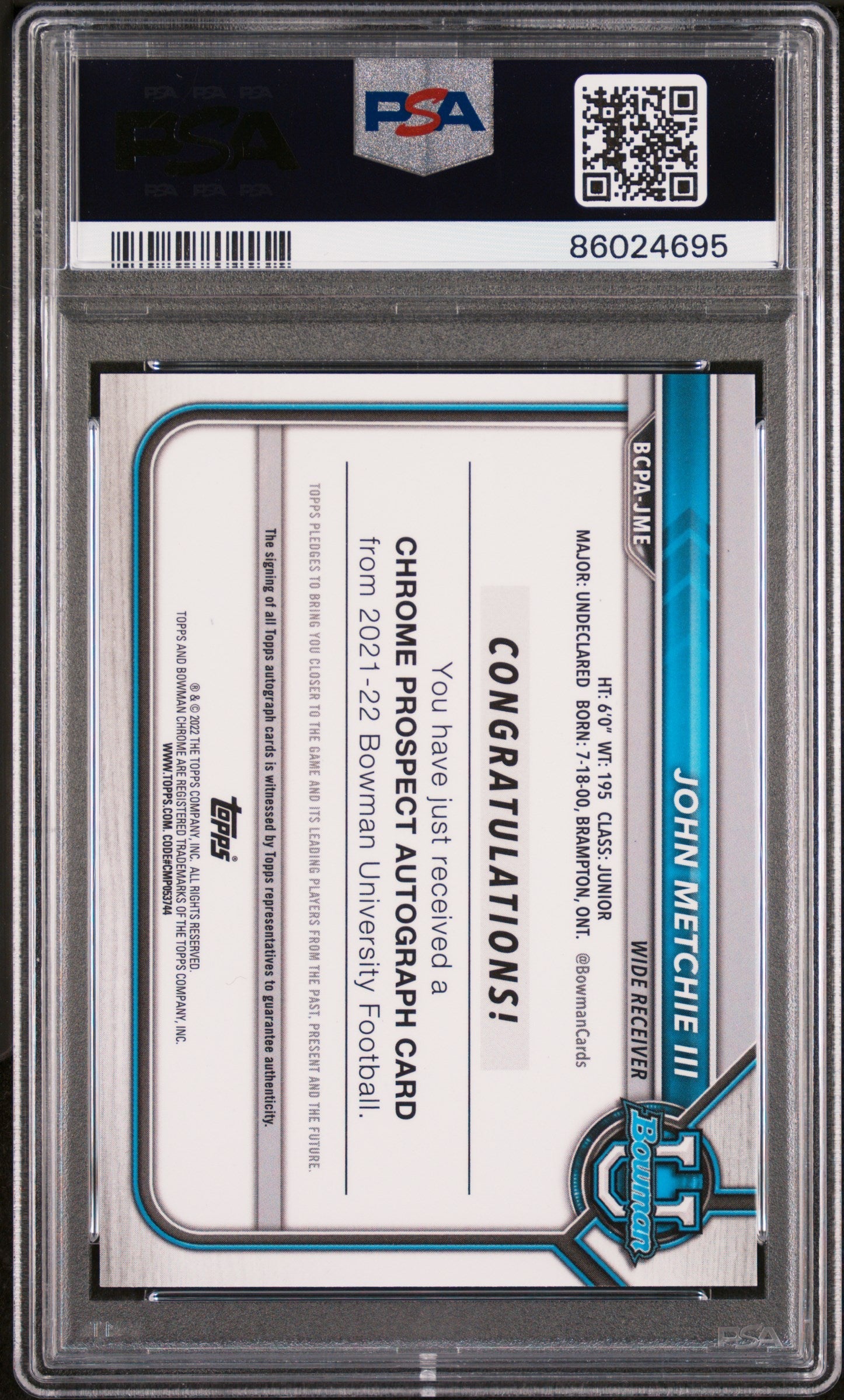 2021 Bowman University Chrome Prospect Auto John Metchie III Lava /199 PSA 10 - Graded Sports Cards