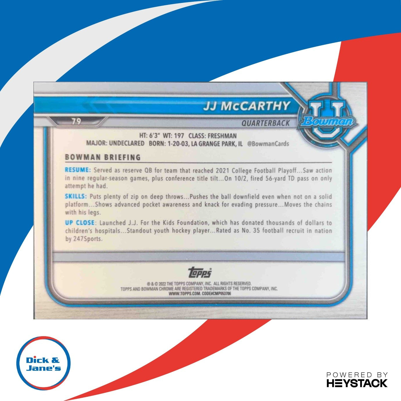 2021 Bowman University J.J. McCarthy Chrome Green Shimmer 43/99 #79 Michigan - Sports Cards