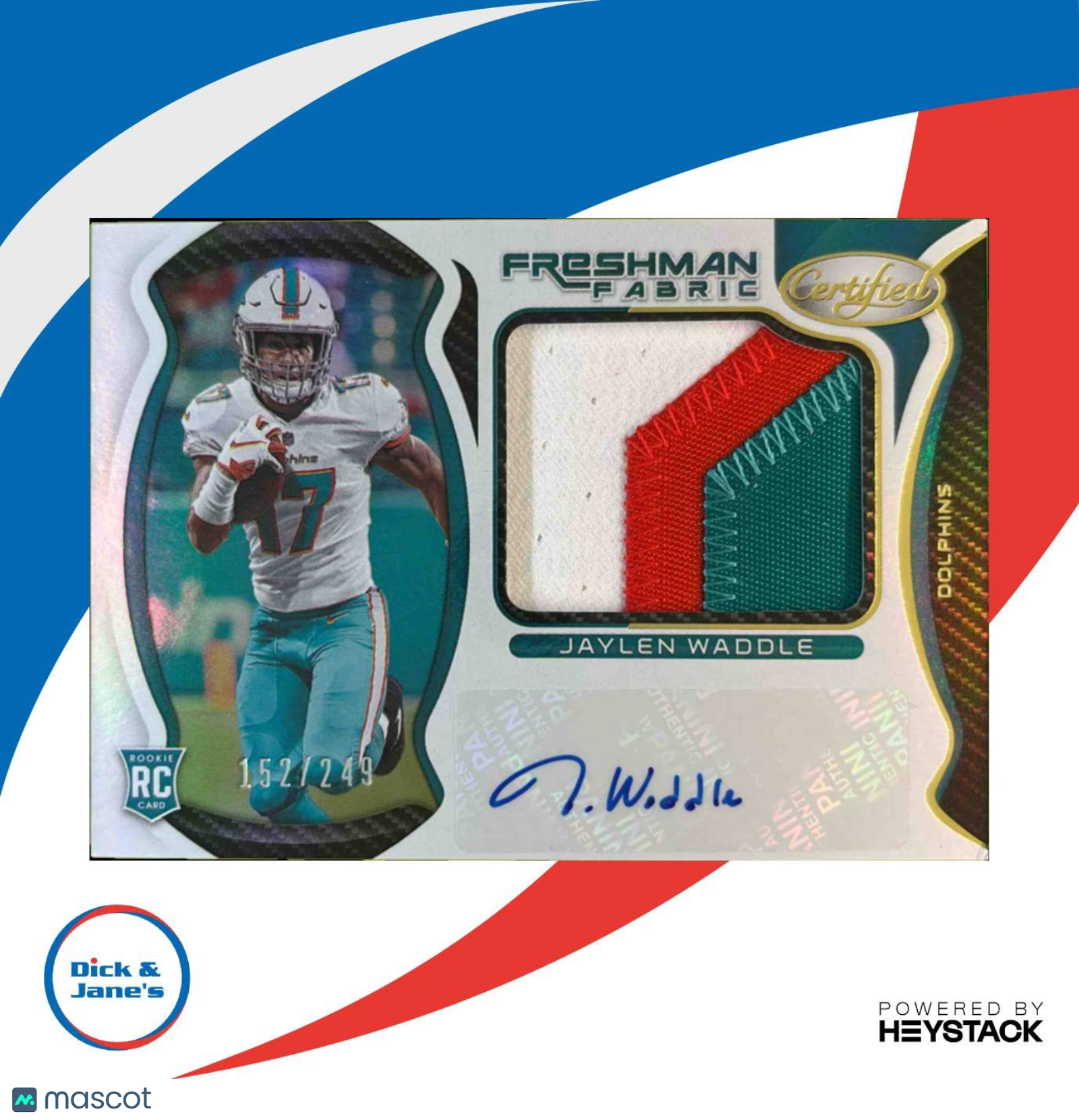 2021 Certified Jaylen Waddle /249 #208 Auto RC Freshman Fabric Miami Dolphins - Sports Cards