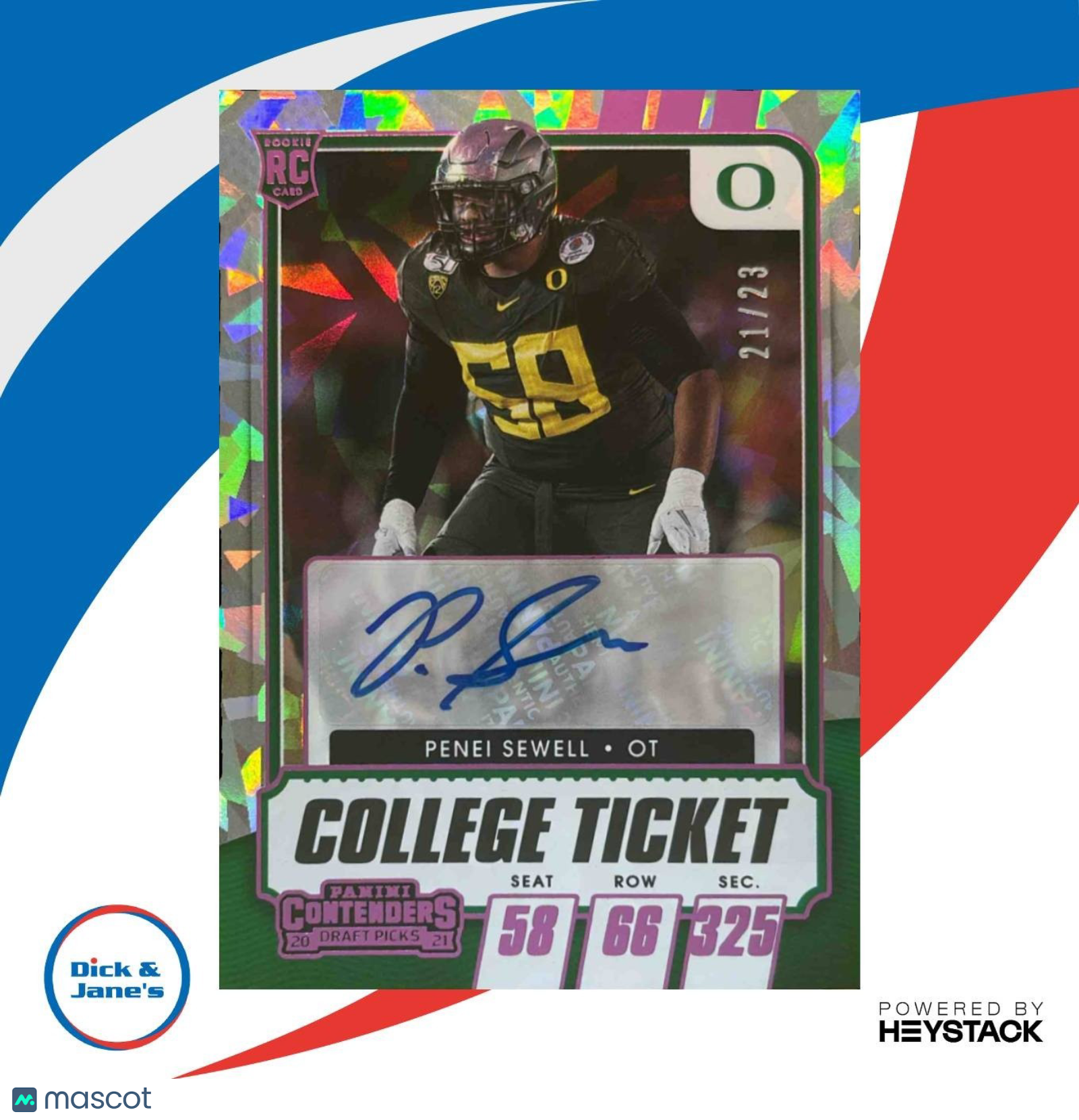 2021 Contenders Draft Picks Penei Sewell Cracked Ice Ticket /23 RC Auto Ducks - Sports Cards