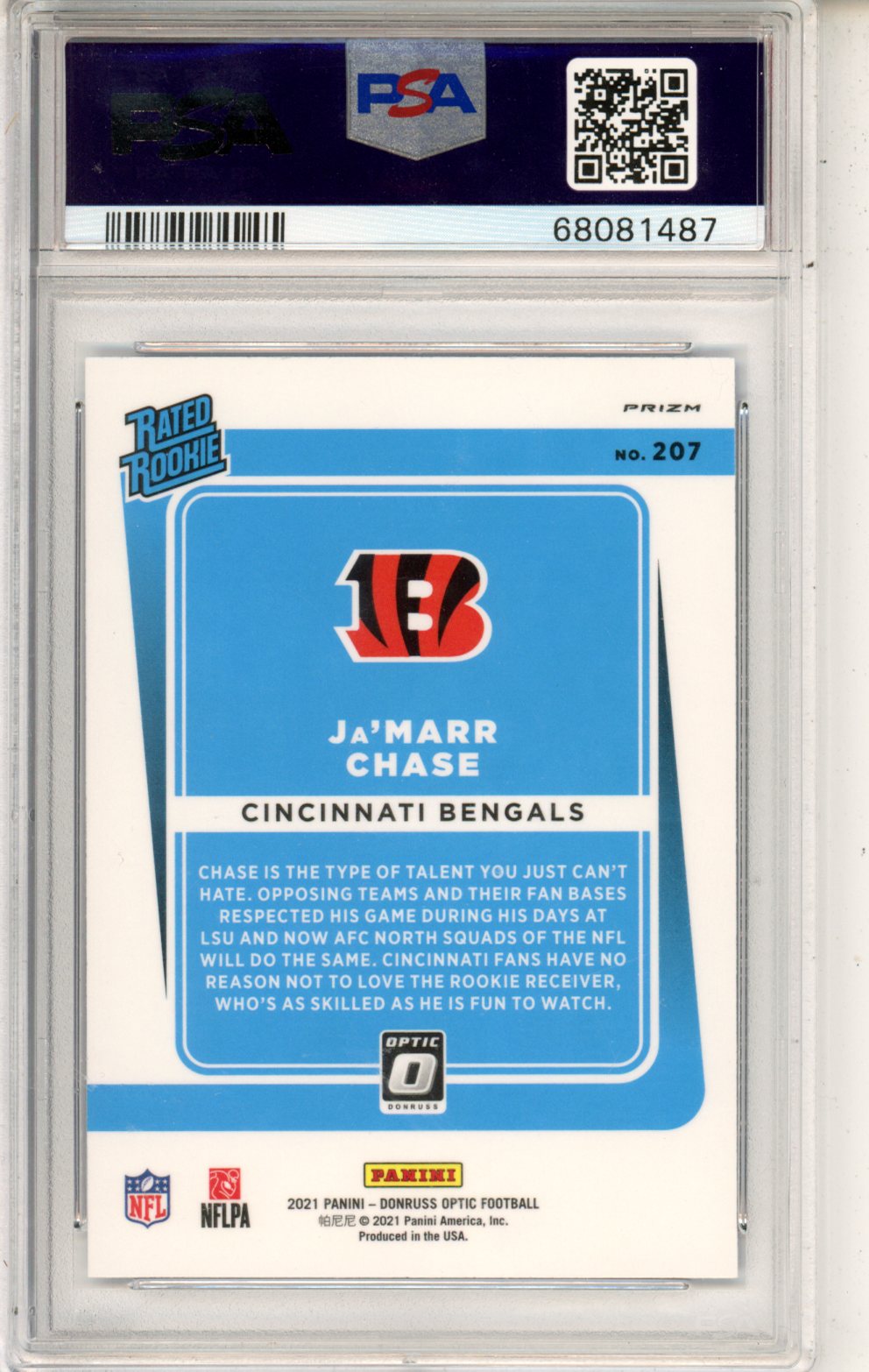 2021 Donruss Optic Ja’marr Chase Blue Scope Rookie 207 PSA 10 Cincinnati Bengals Graded Sports Cards