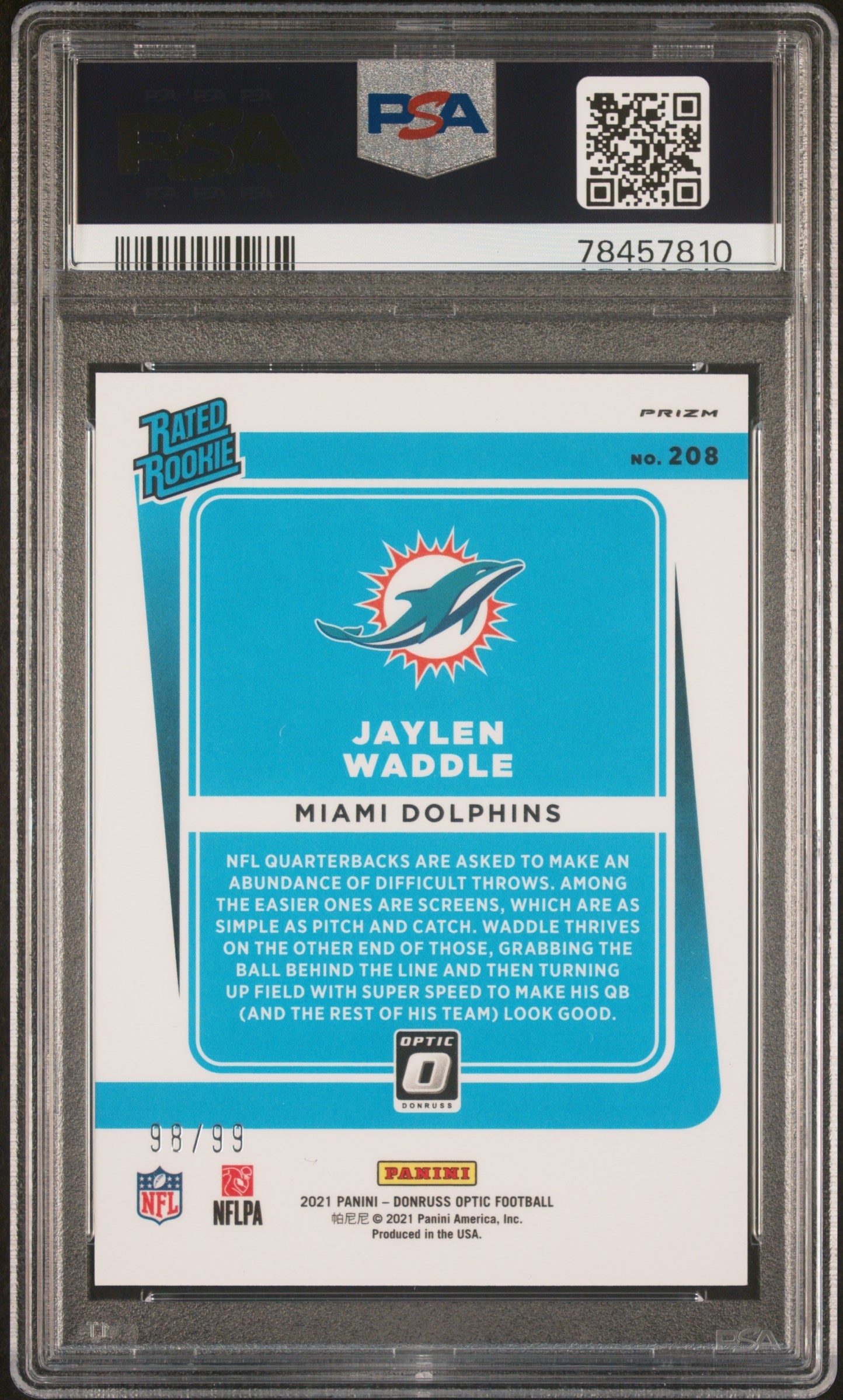 2021 Donruss Optic Jaylen Waddle True Red Rated Rookie #208 PSA 9 Miami Dolphins - Graded Sports Cards