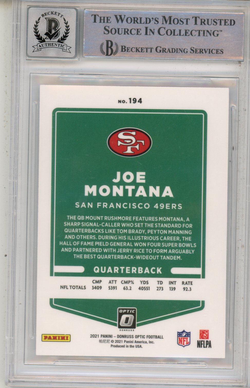 2021 Donruss Optic Joe Montana #194 BAS Beckect Authentic Auto Signature - Sports Cards