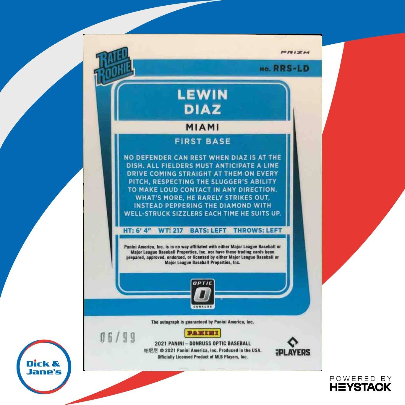 2021 Donruss Optic Lewin Diaz Signatures Blue /99 Auto RC Miami Marlins - Sports Cards