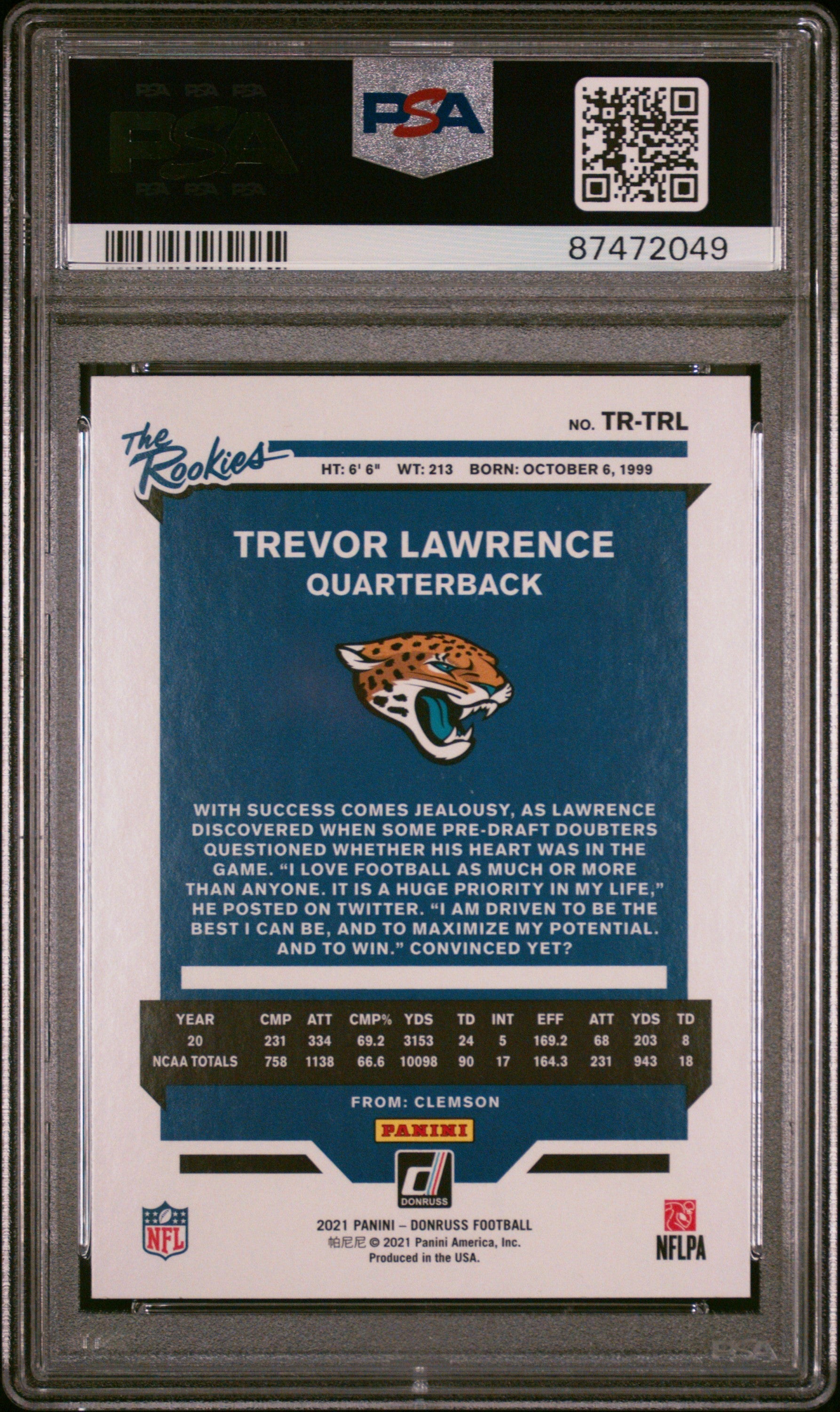 2021 Donruss The Rookies Trevor Lawrence Rookie PSA 10 Jacksonville Jaguars - Graded Sports Cards