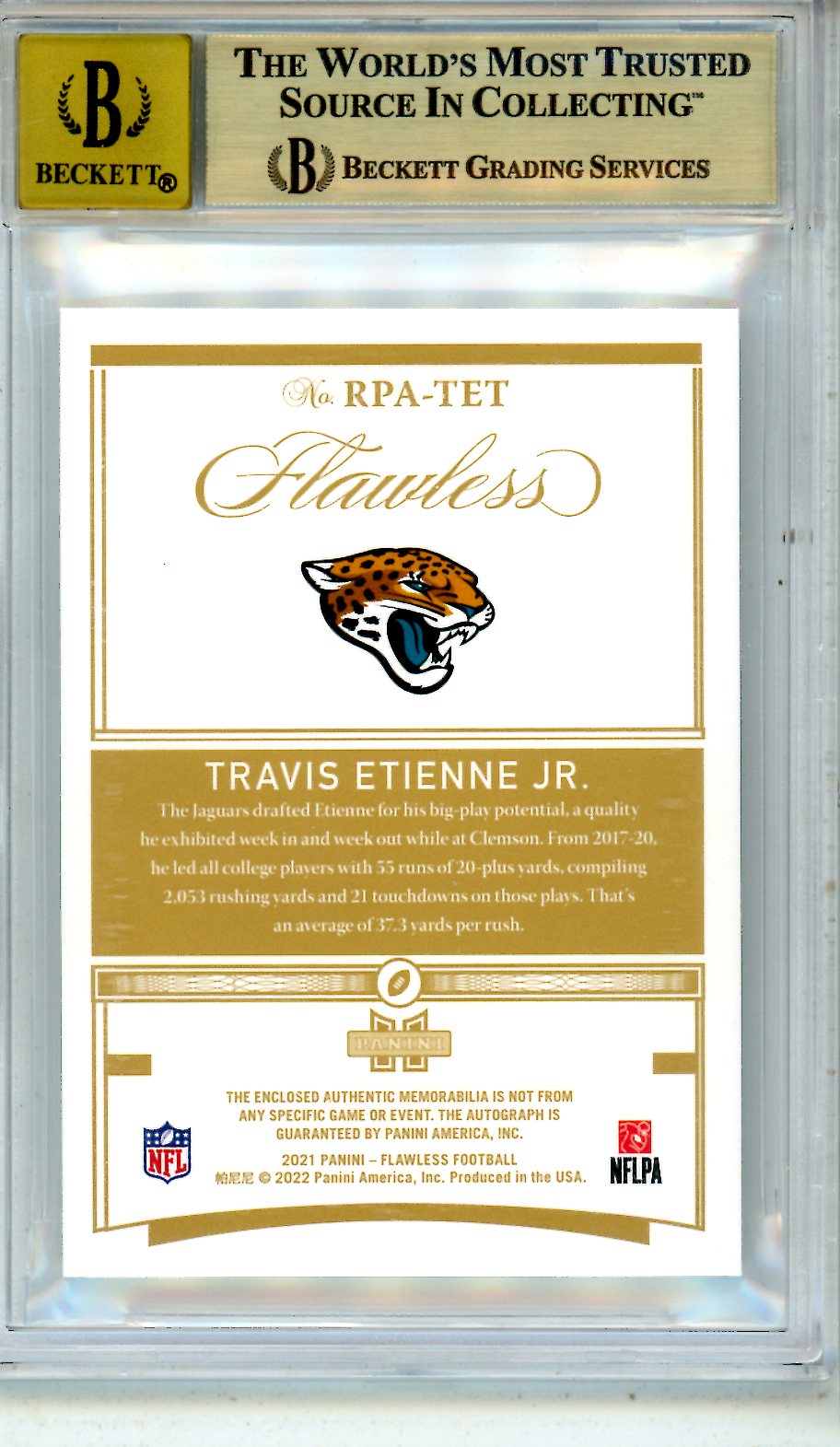 2021 Flawless Rookie Patch Autographs Travis Etienne Jr /25 BGS 9.5 AUTO 10 - Graded Sports Cards