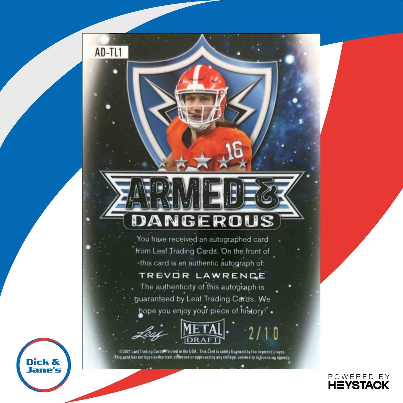 2021 Leaf Metal Draft Trevor Lawrence Armed & Dangerous Auto Green /10 RC Tigers - Sports Cards